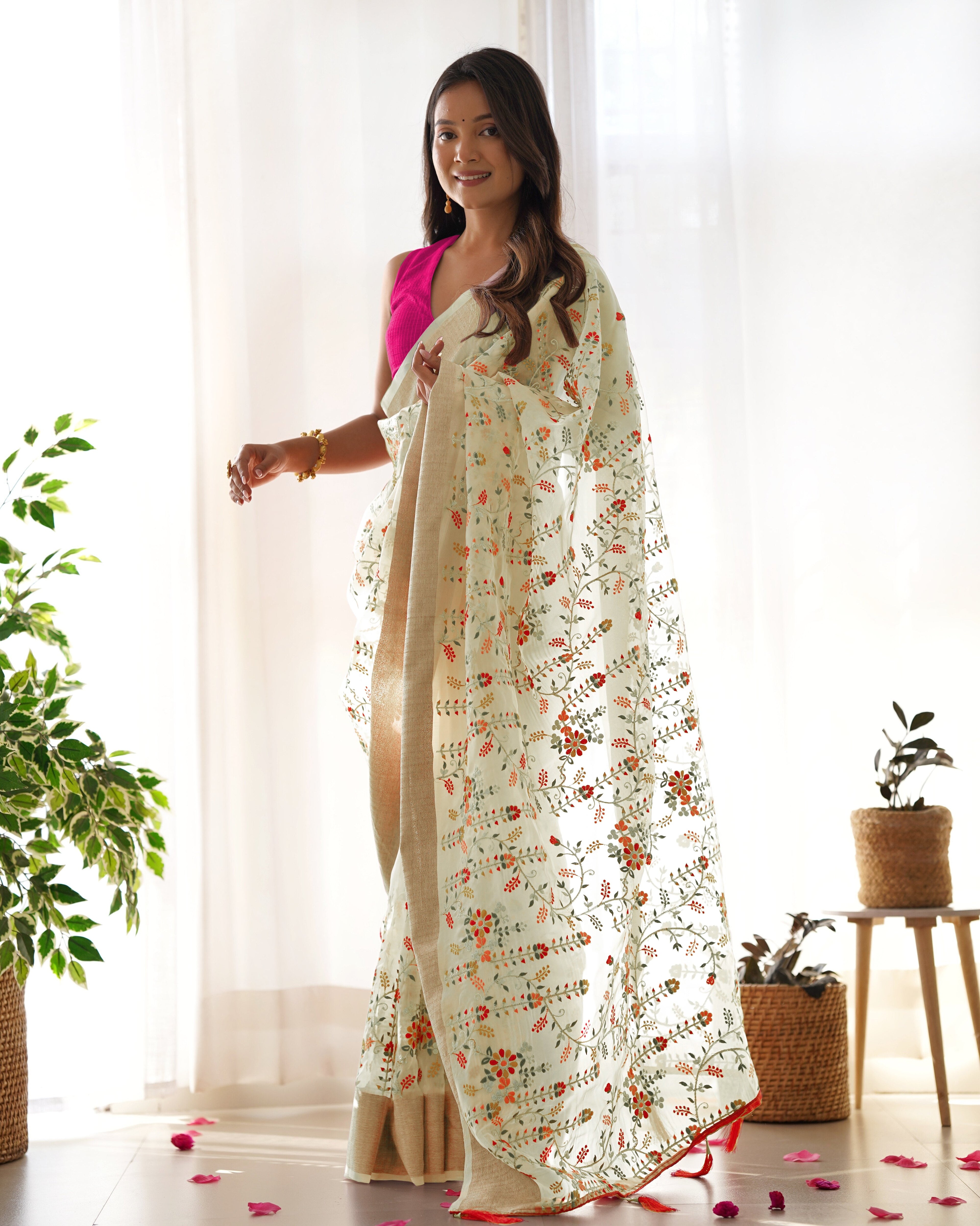 Party Wear Saree With Multi Color Thread And Zari-Dori Work