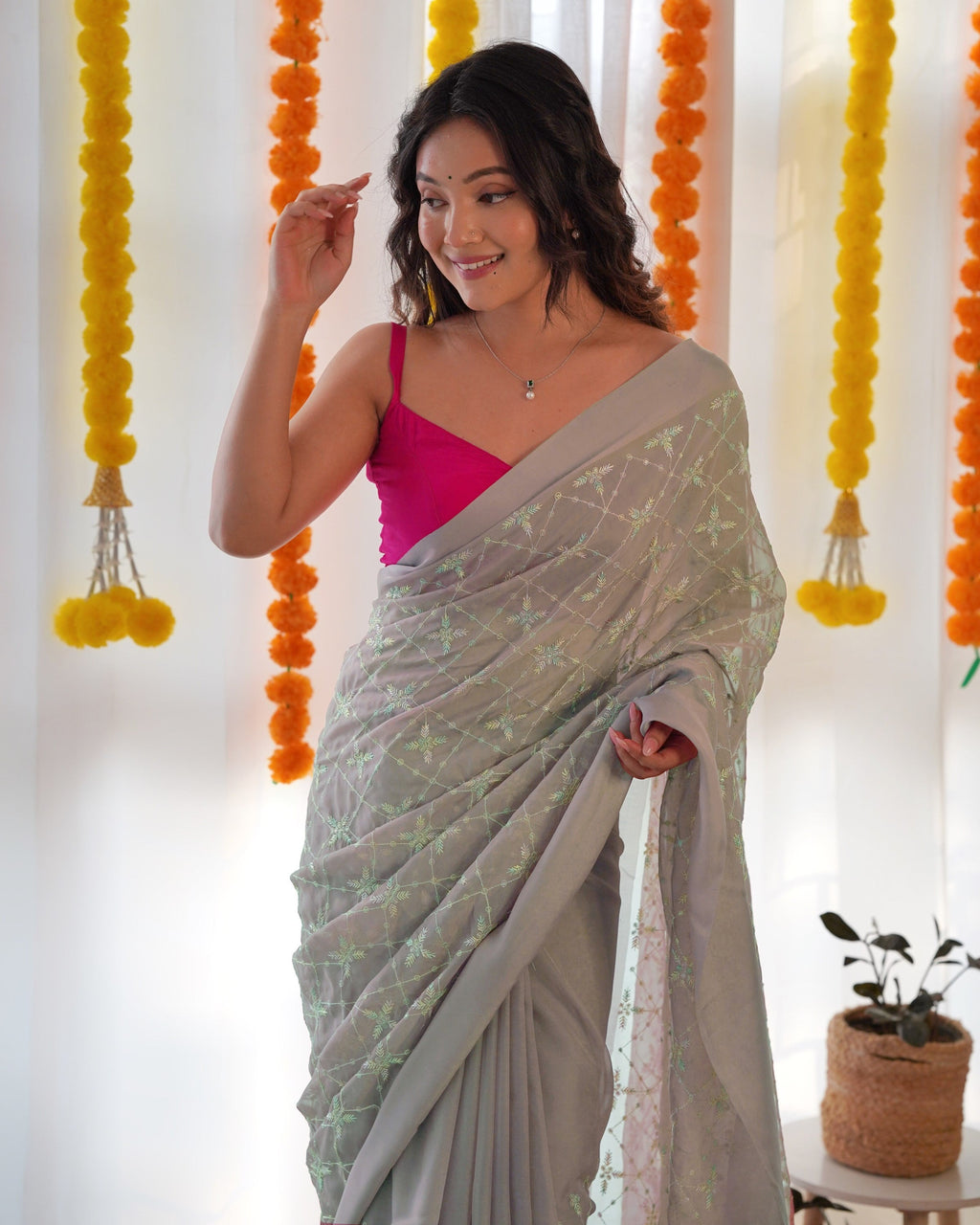 Party Wear Designer Saree With Thread And Sequence Work