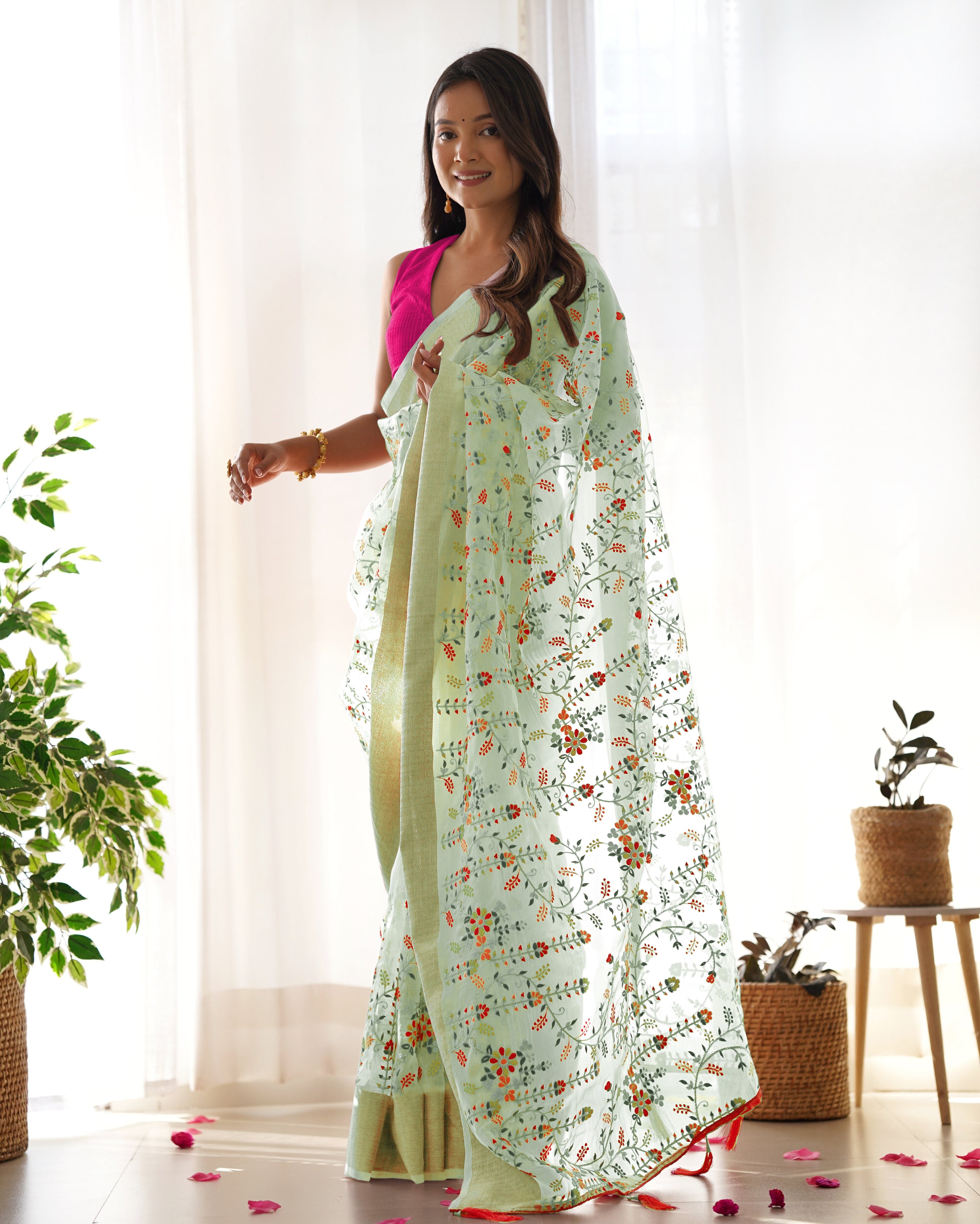 Party Wear Saree With Multi Color Thread And Zari-Dori Work