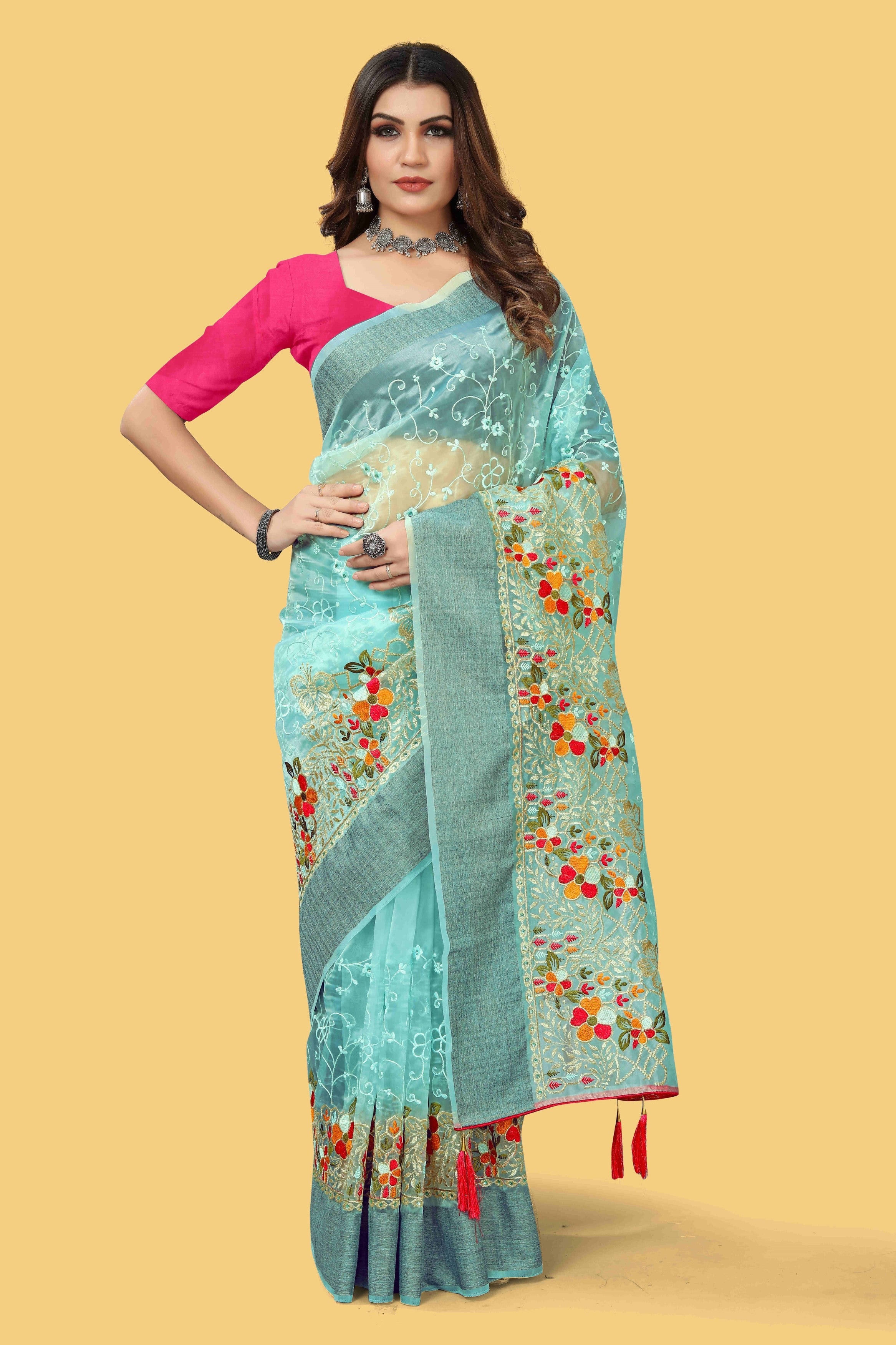 Beautiful Party Wear Saree Multi Color Thread And Zari-Dori Work