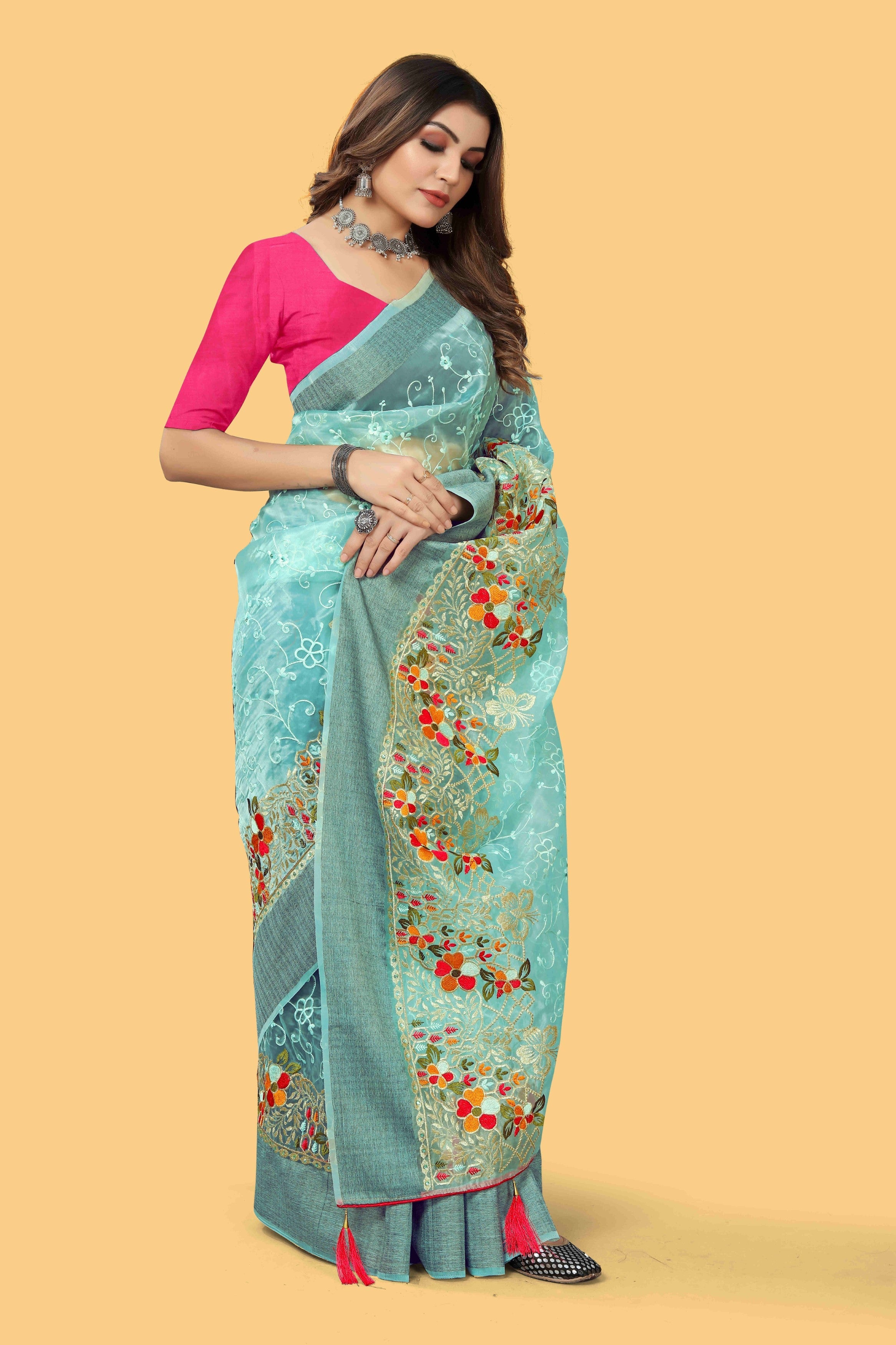 Beautiful Party Wear Saree Multi Color Thread And Zari-Dori Work