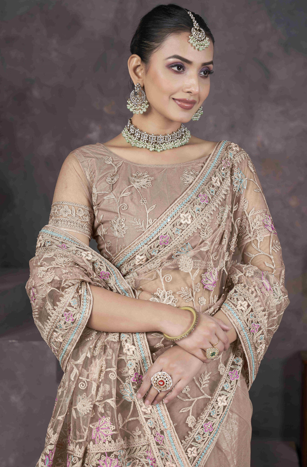 डिजाइनर पार्टी वेयर लुक वाली कढ़ाई वाली साड़ी