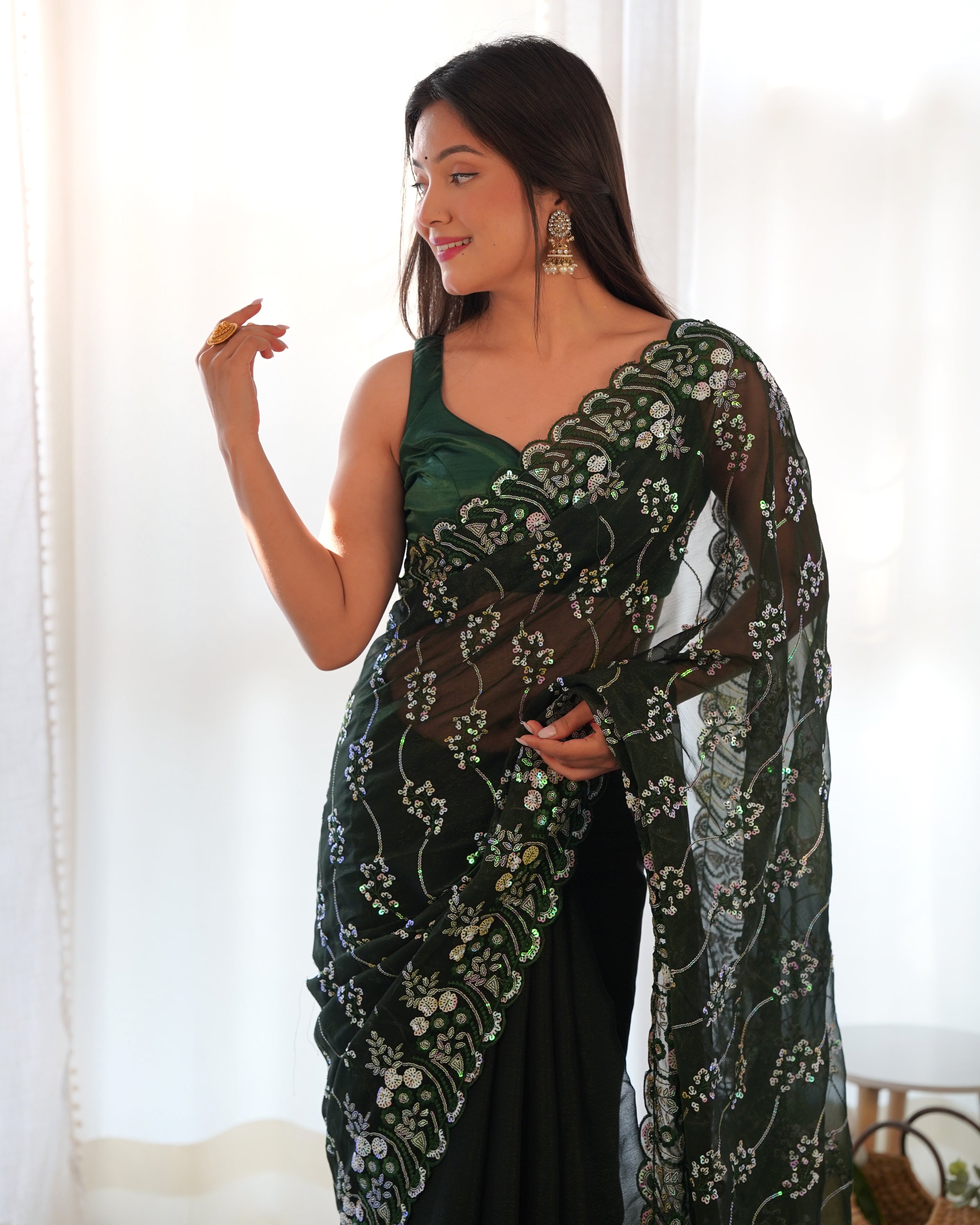 Party Wear Saree With Designer Sequence Embroidery Work