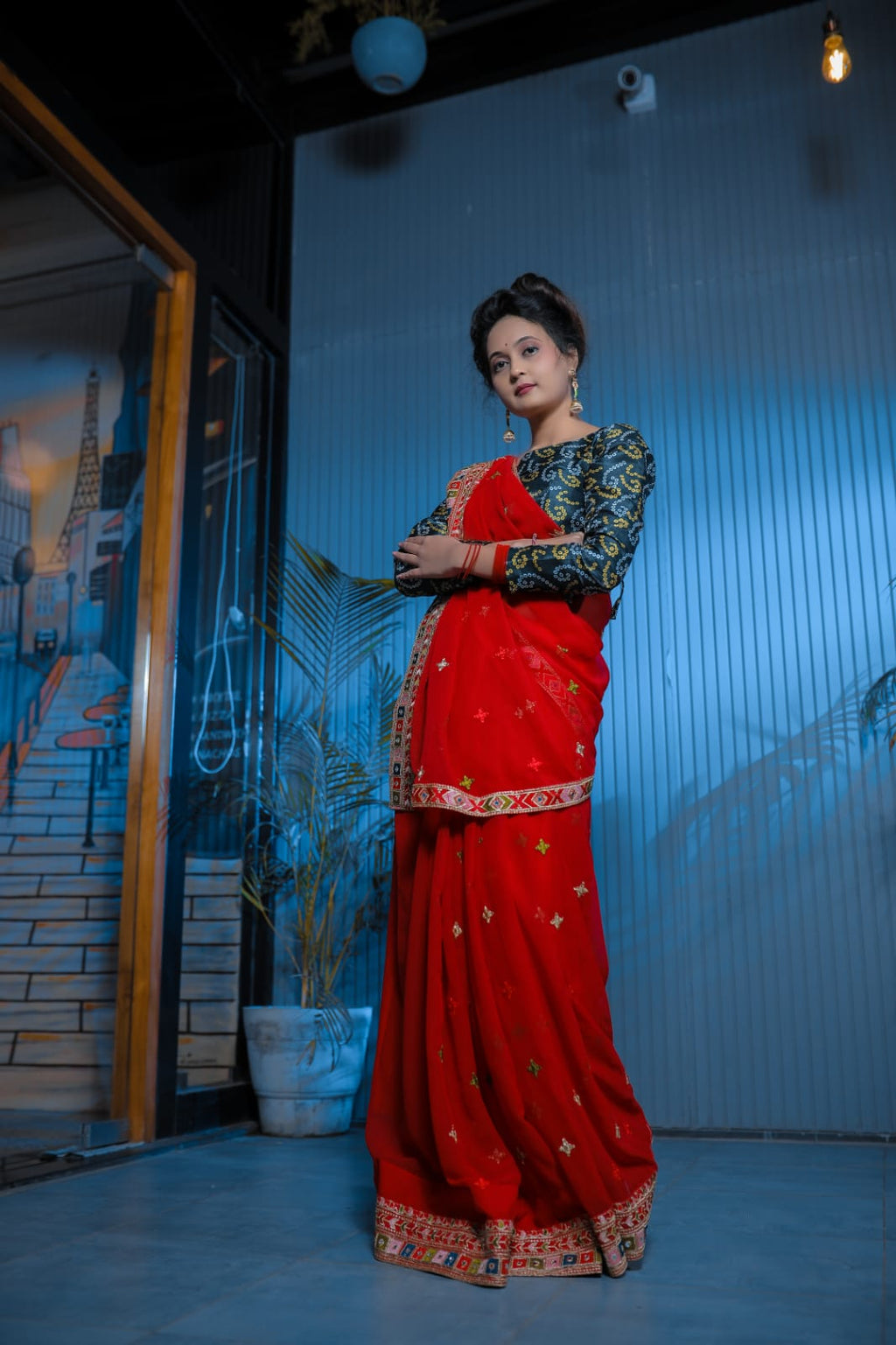 Party Wear Designer Saree With Embroidery Thread And Mirror Work