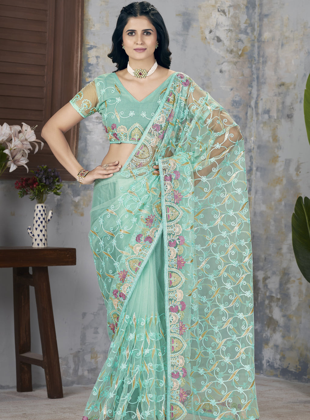 Party Wear Designer Saree With Foil Thread of Chain Stitch Embroidery Work