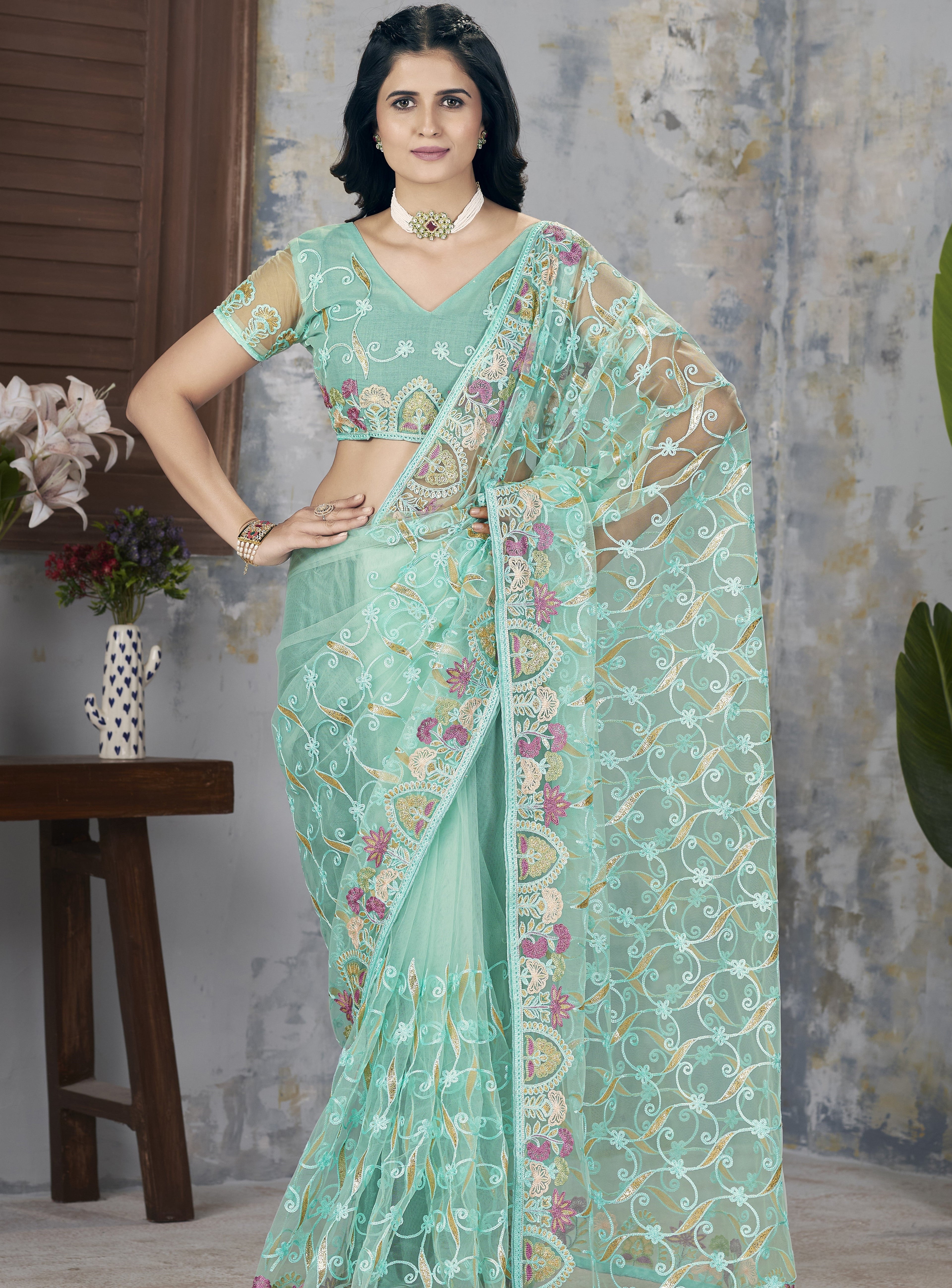 Party Wear Designer Saree With Foil Thread of Chain Stitch Embroidery Work