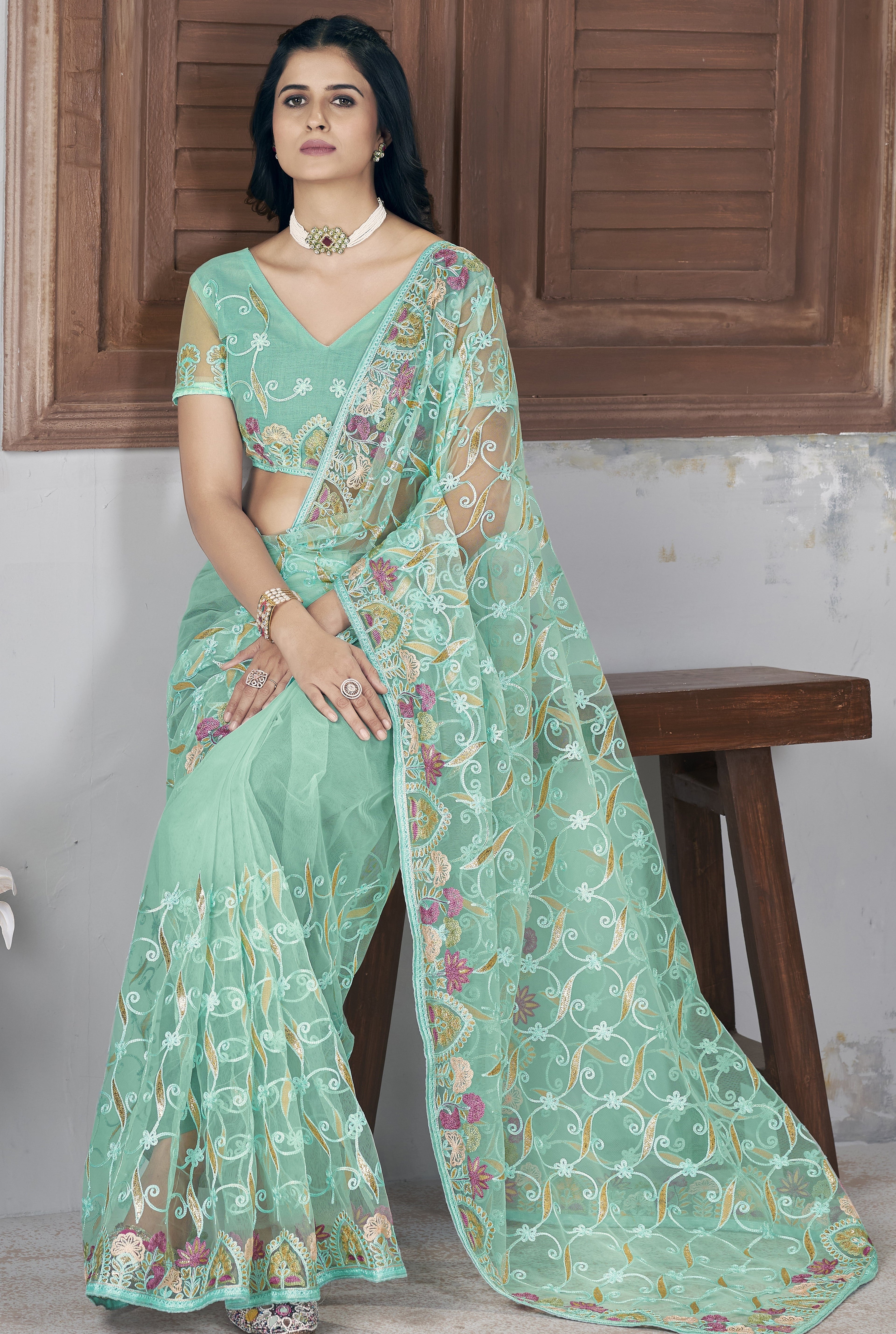 Party Wear Designer Saree With Foil Thread of Chain Stitch Embroidery Work