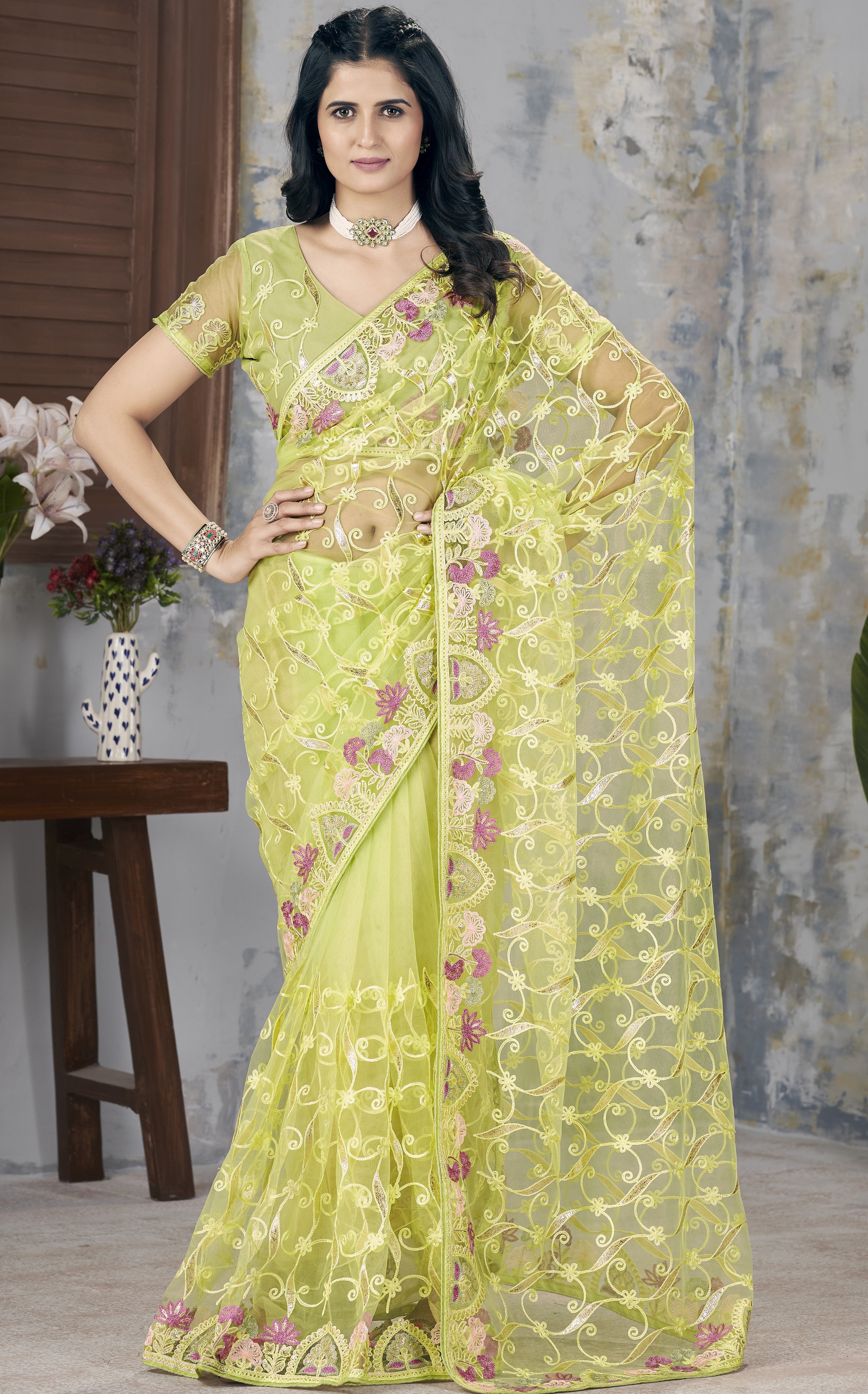 Party Wear Designer Saree With Foil Thread of Chain Stitch Embroidery Work