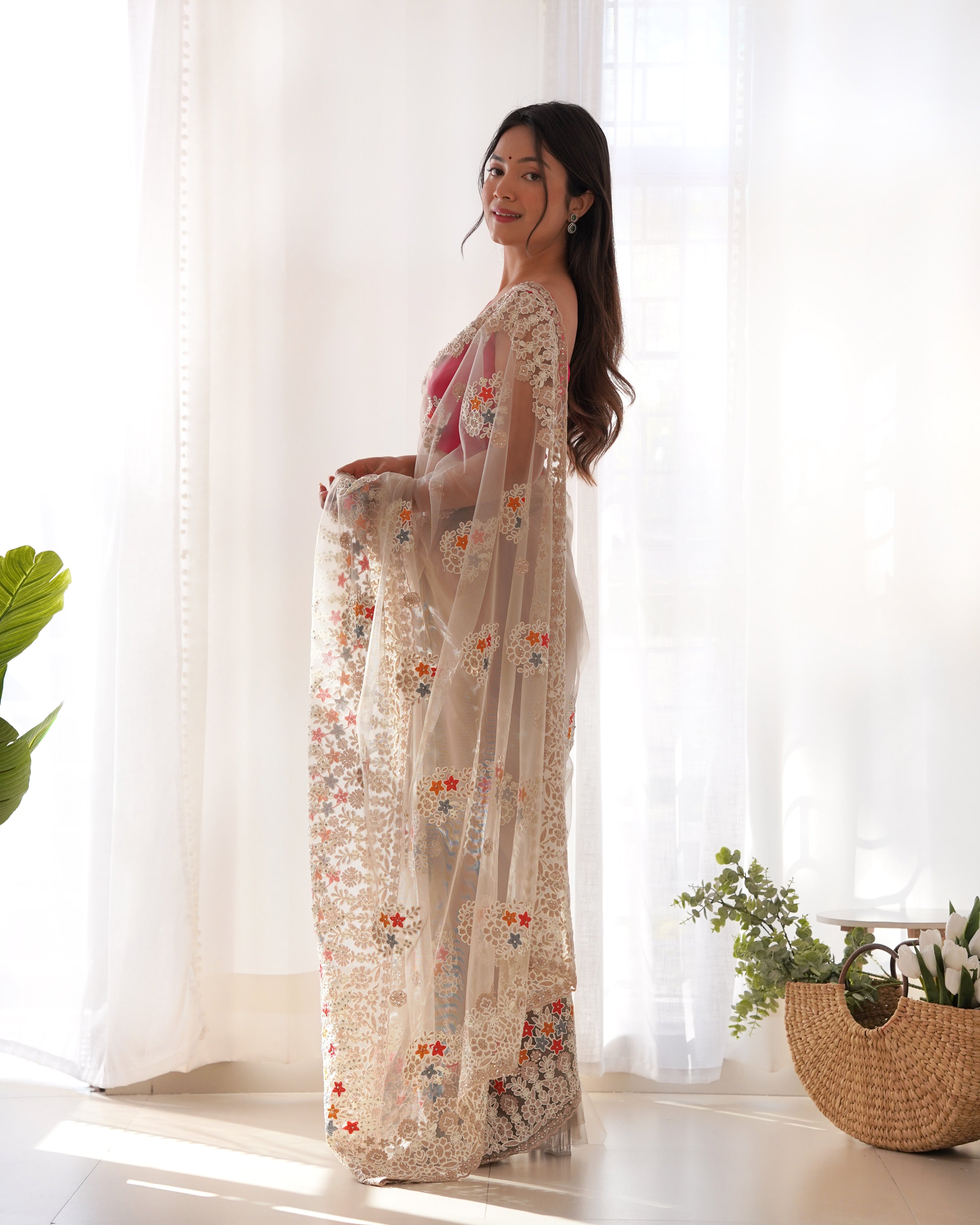 Party Wear Saree With Thread And Zari Embroidery Work