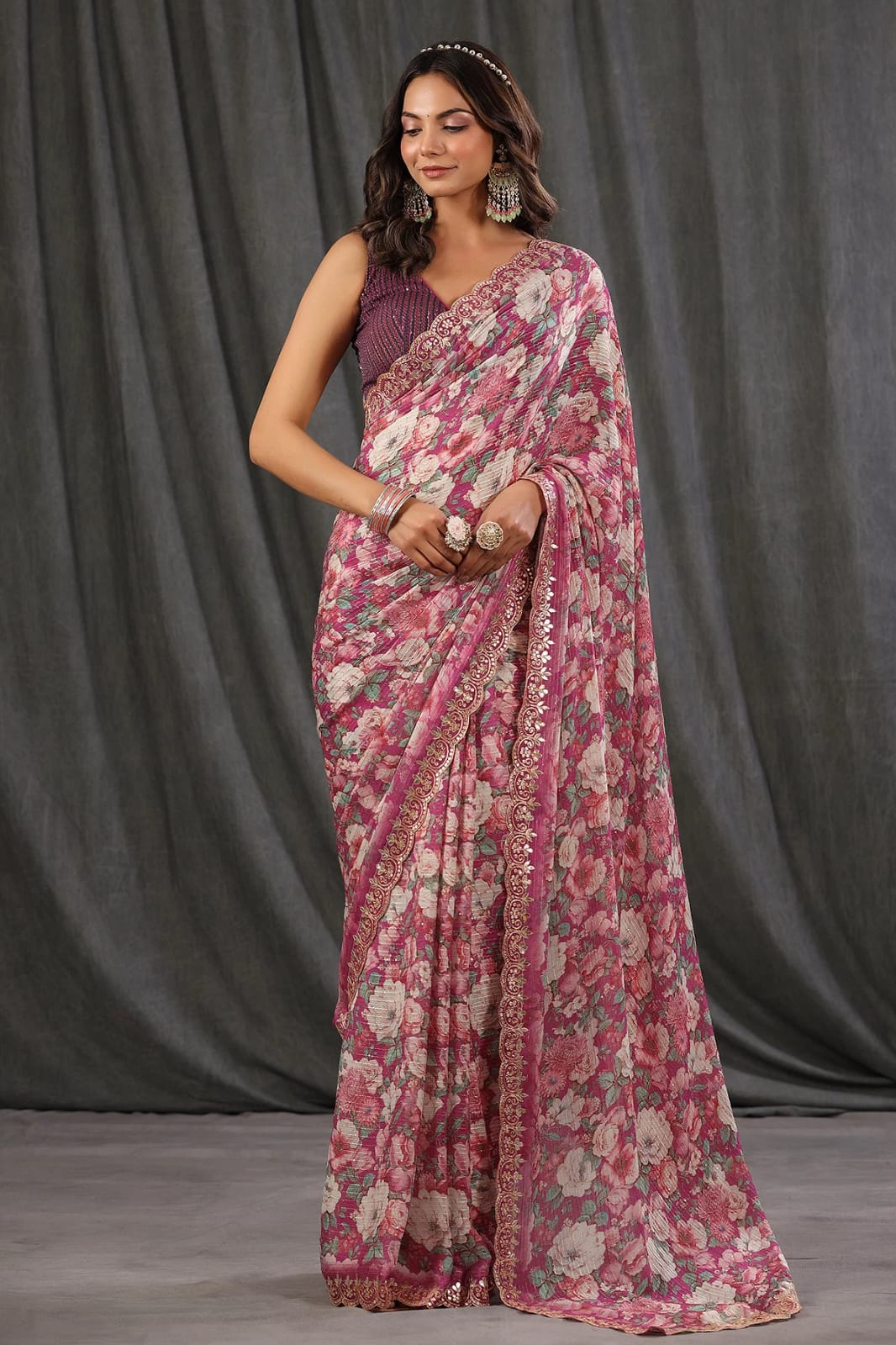 Beautiful Party Wear Look Saree With Digital Print of Floral Design
