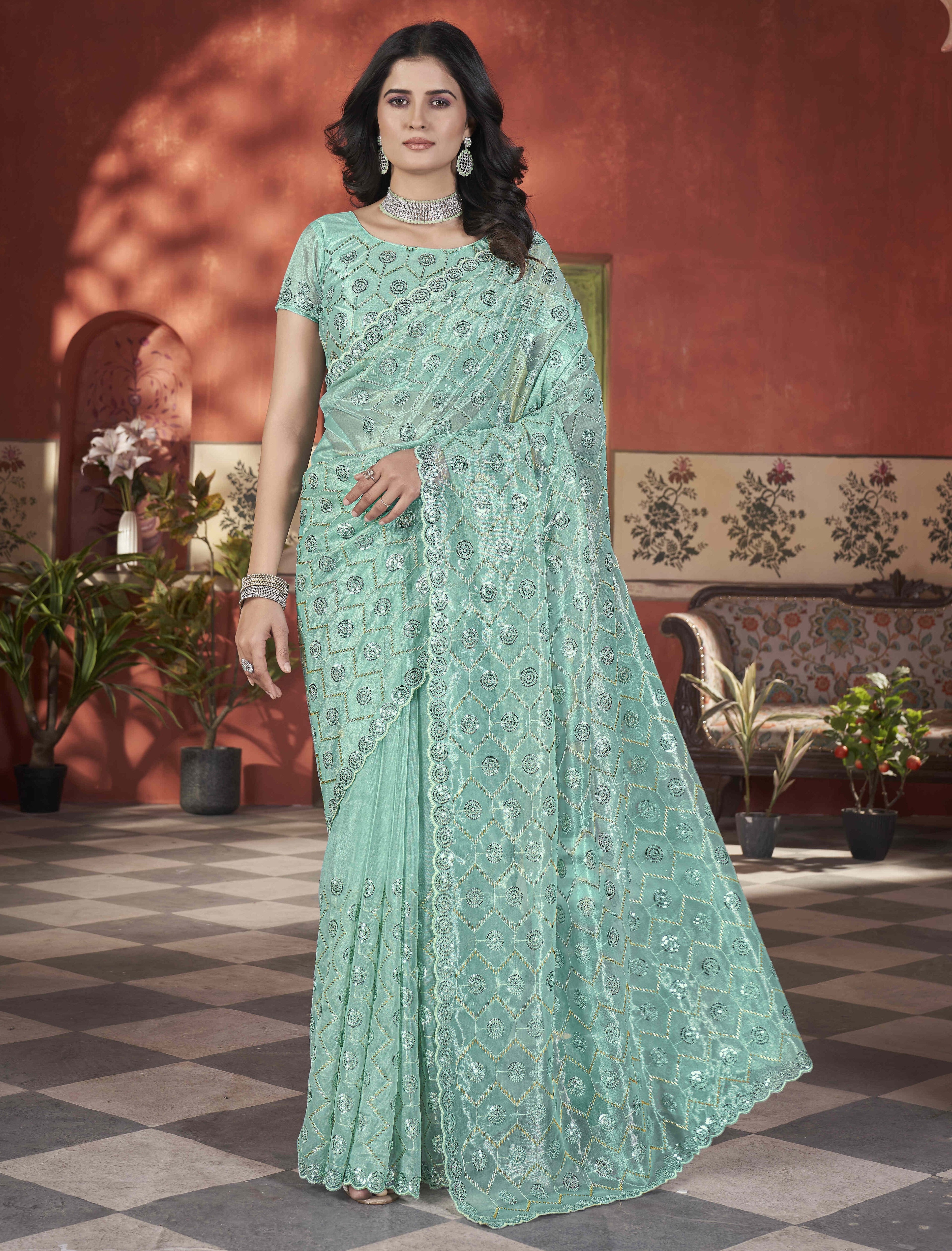 Designer Party Wear Saree With Thread Embroidery Work
