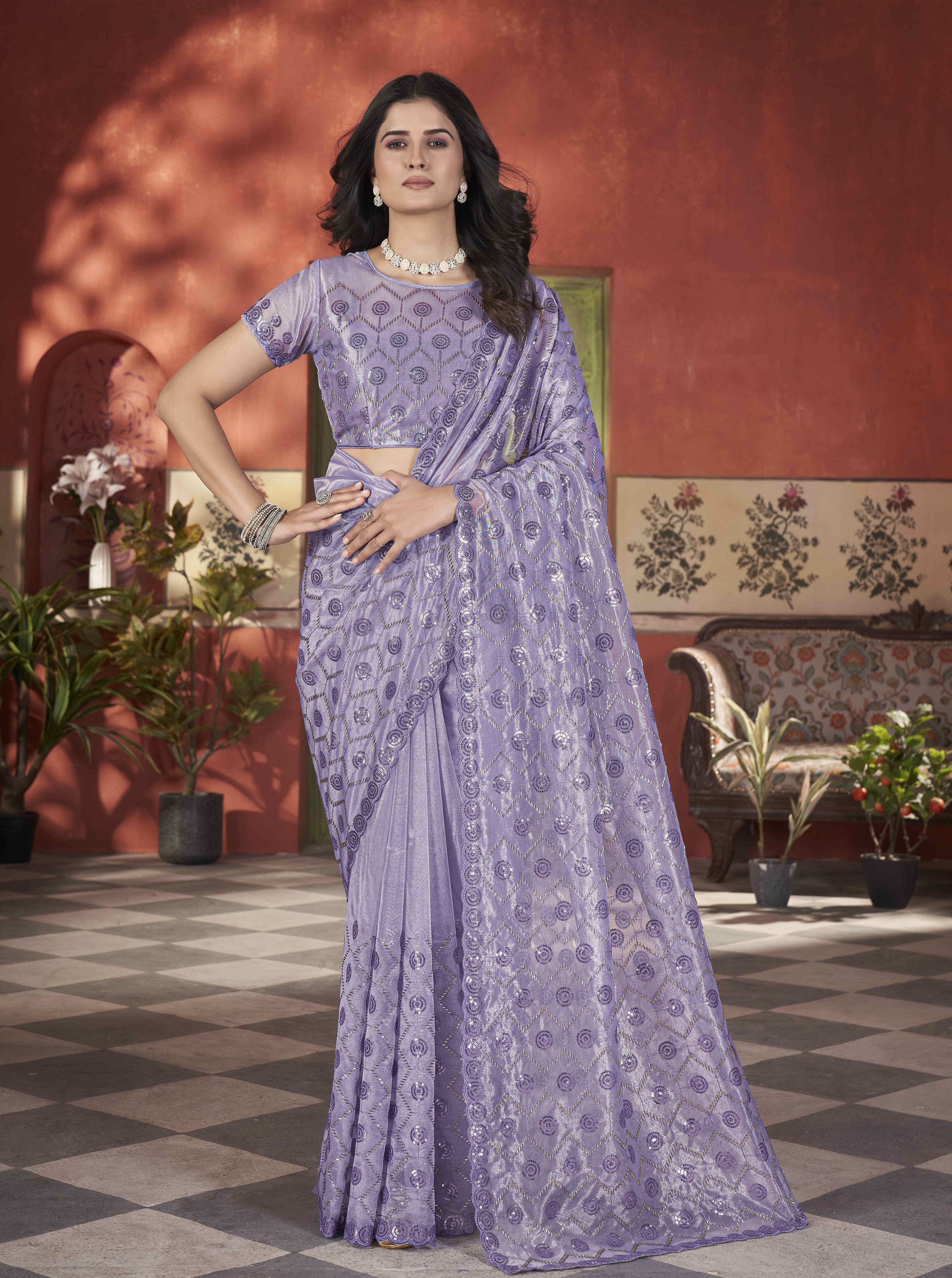 Designer Party Wear Saree With Thread Embroidery Work