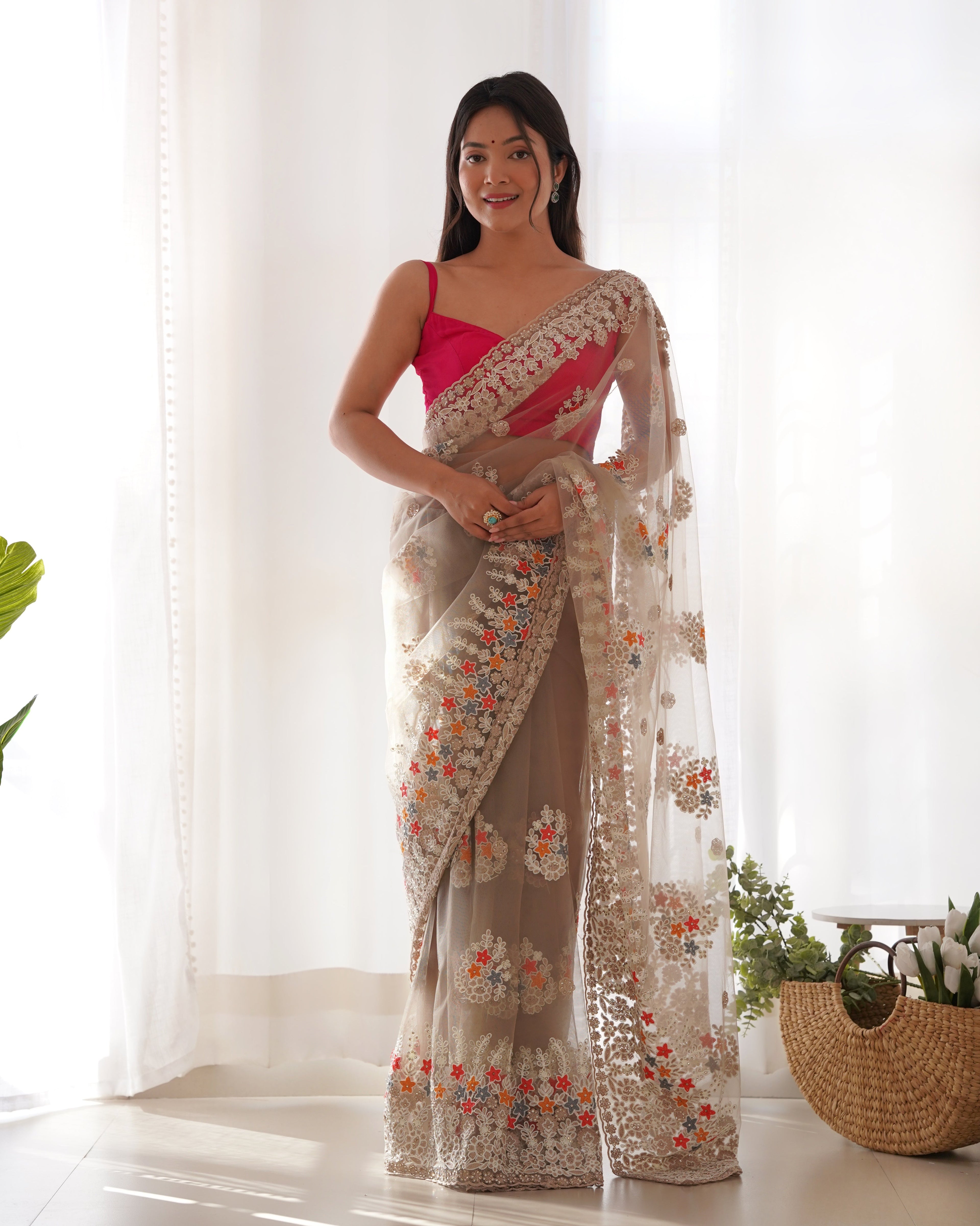 Party Wear Saree With Thread And Zari Embroidery Work