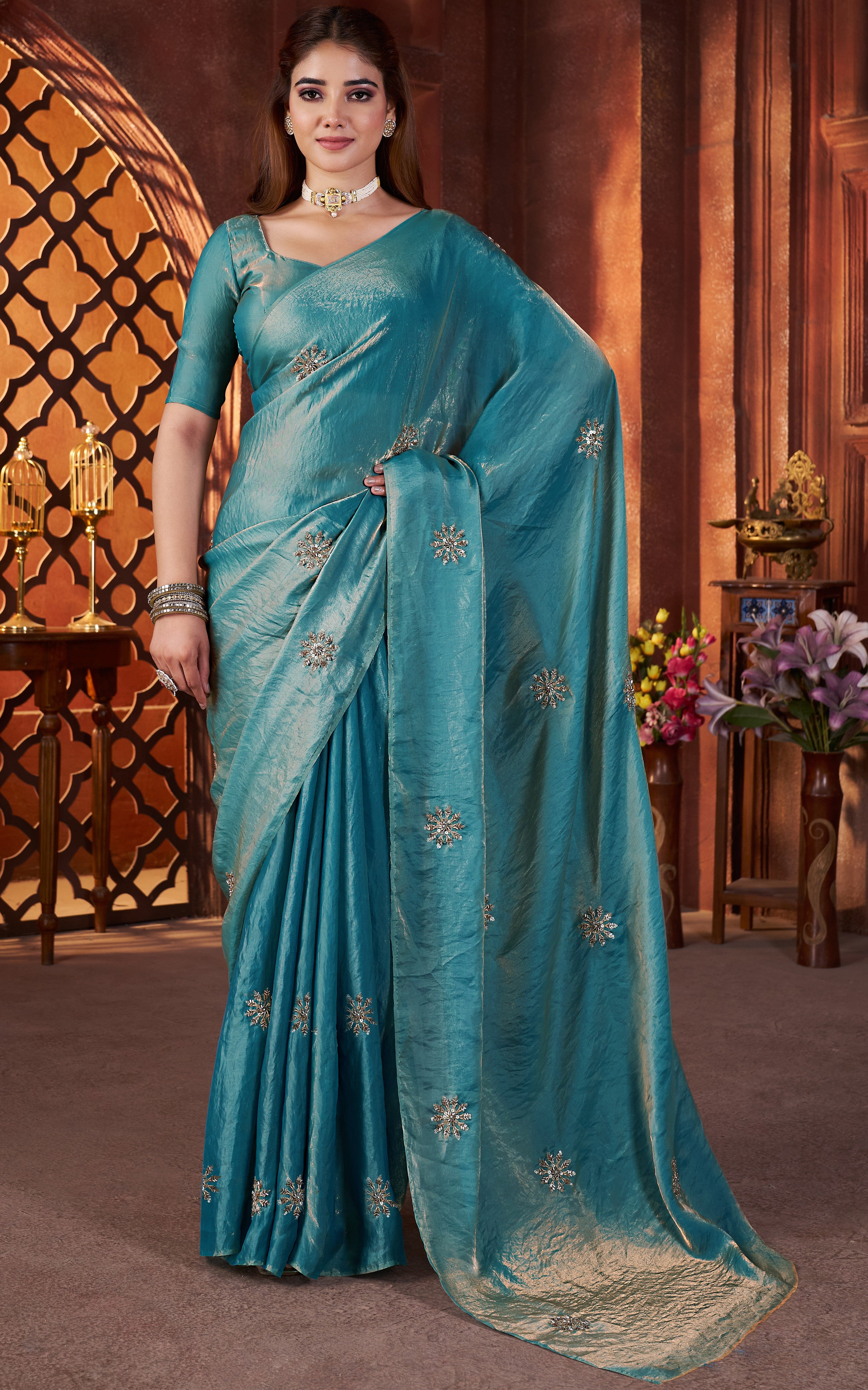 Designer Party Wear Look Saree With Beads & Pipe Hand Work Butta