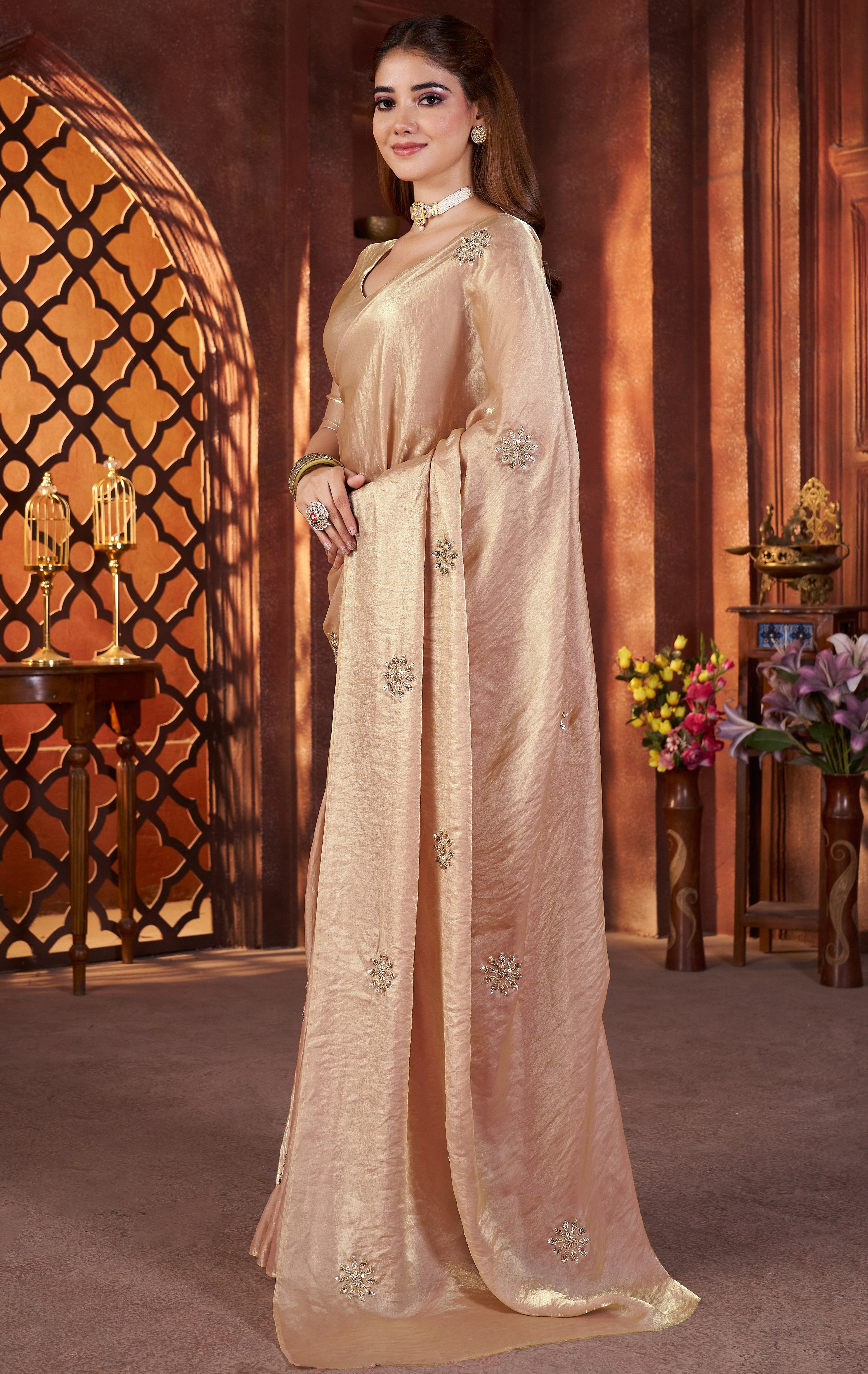 Designer Party Wear Look Saree With Beads & Pipe Hand Work Butta