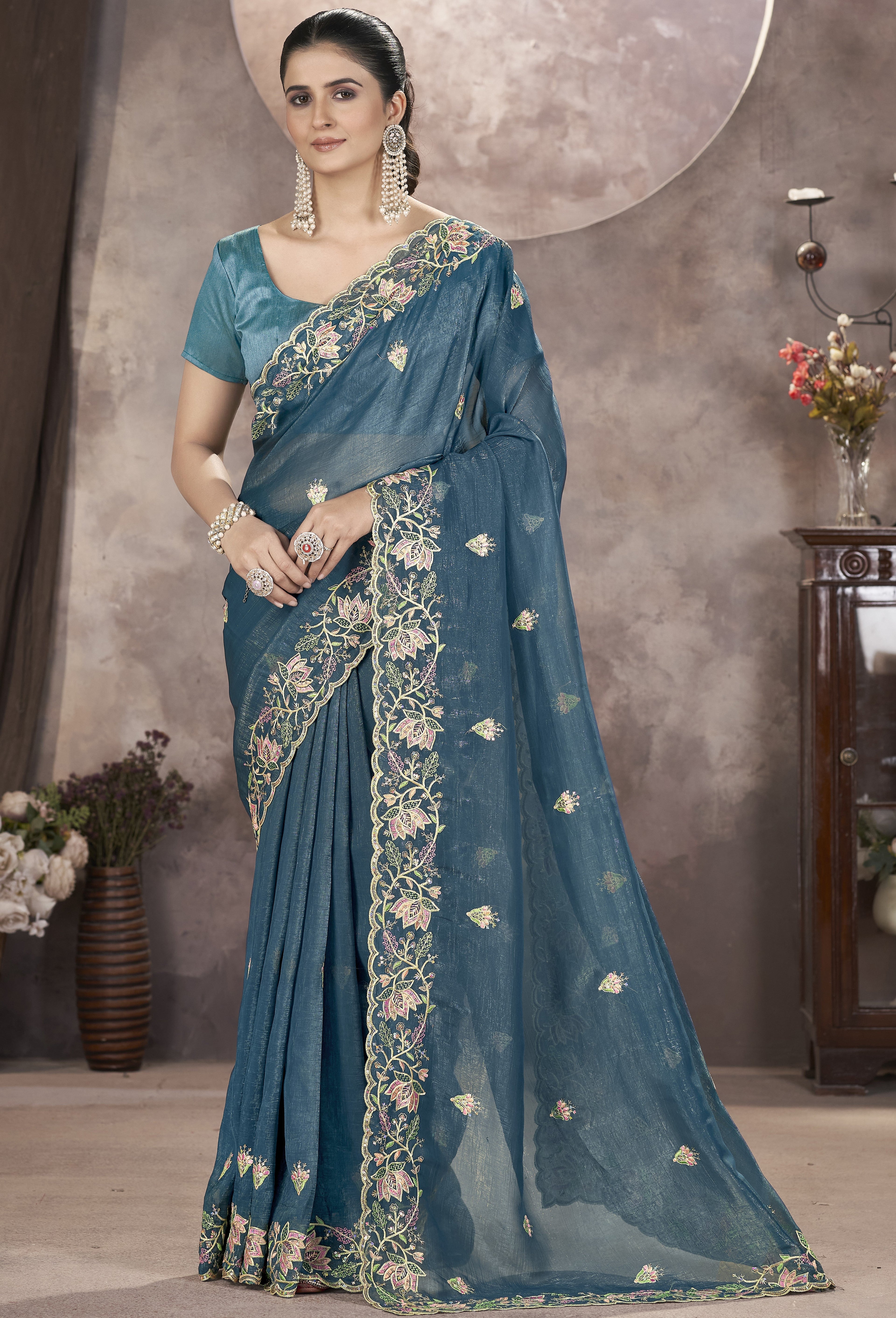 Designer Saree With Thread Embroidery And Sequence Work