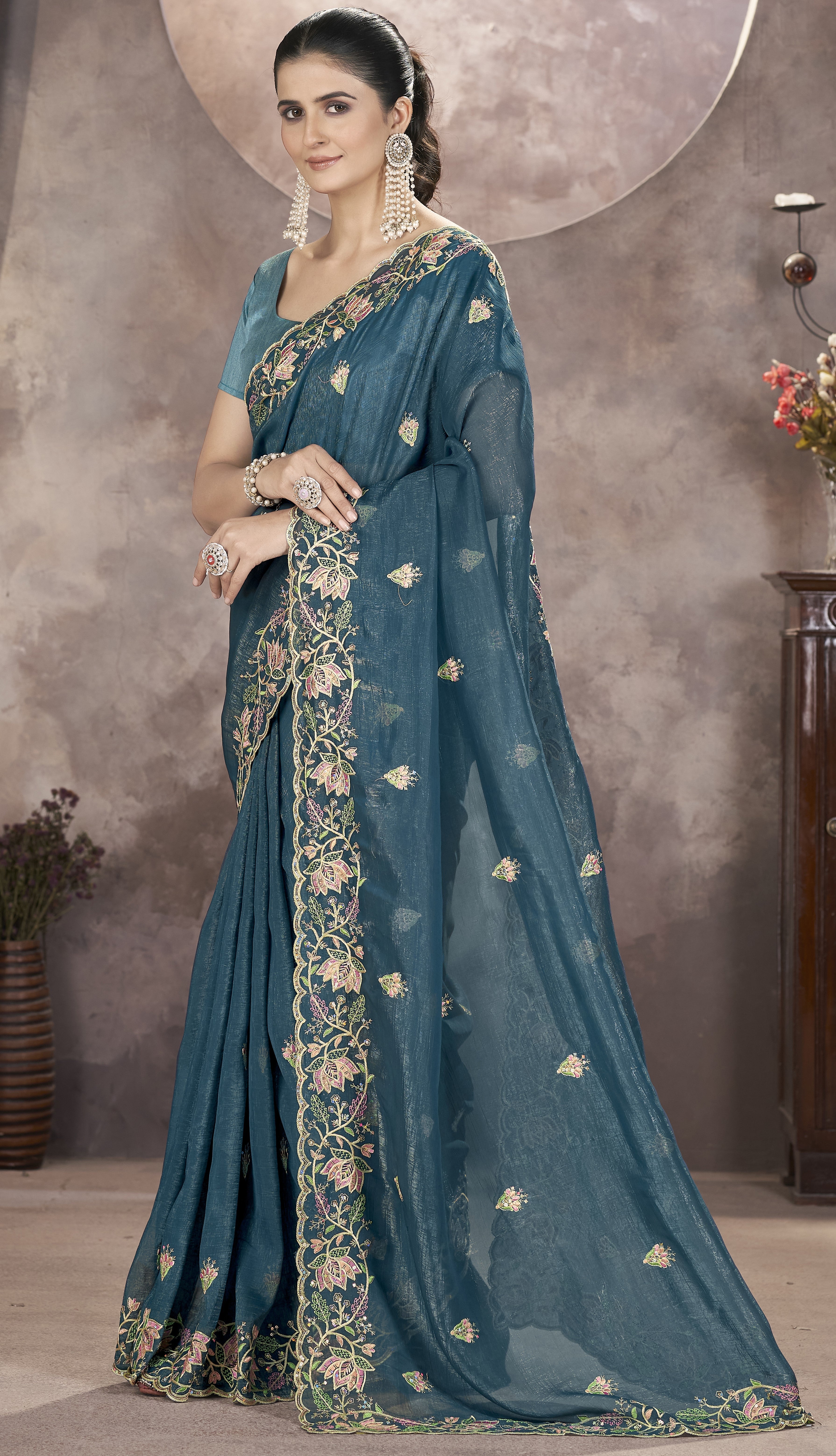 Designer Saree With Thread Embroidery And Sequence Work