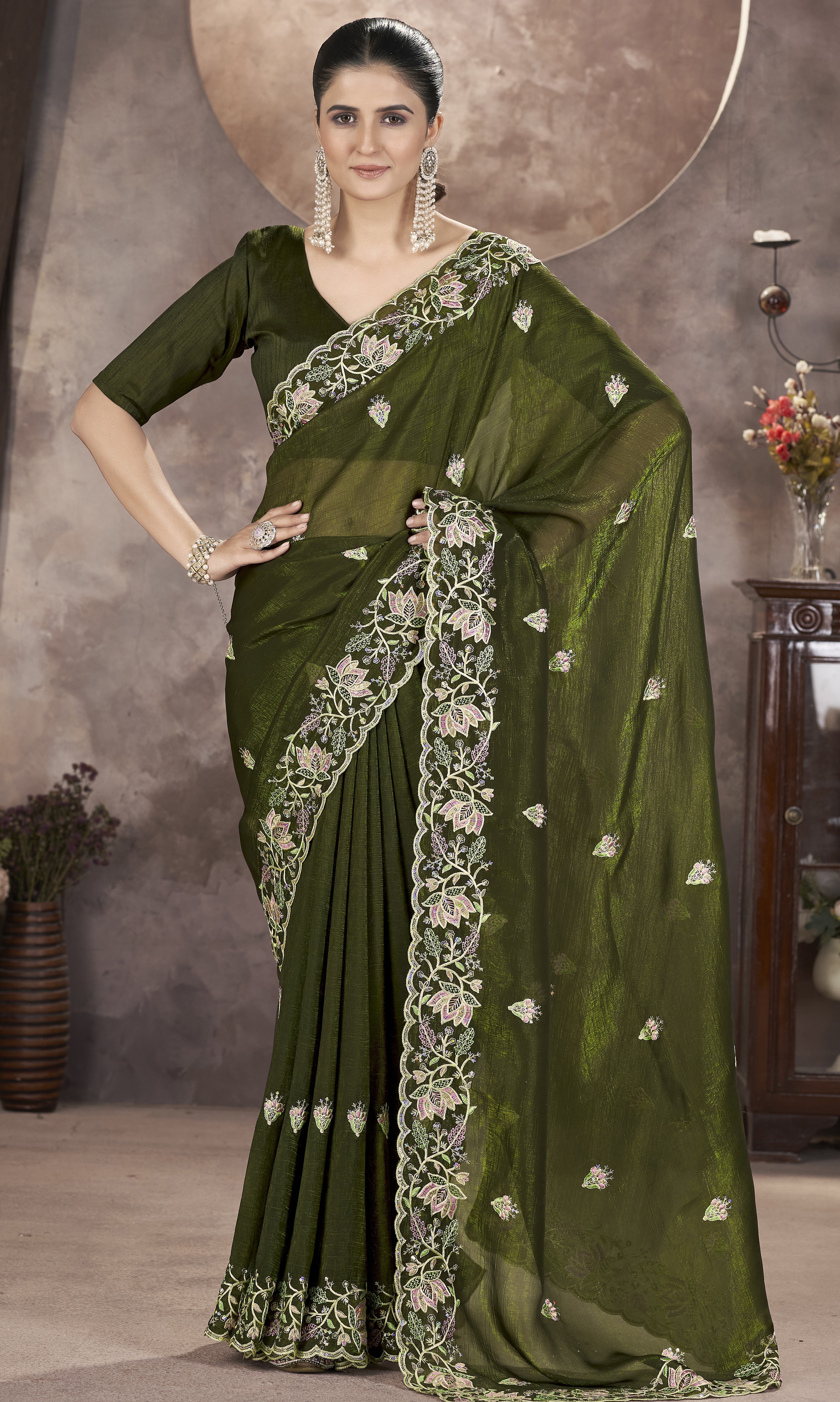 Designer Saree With Thread Embroidery And Sequence Work