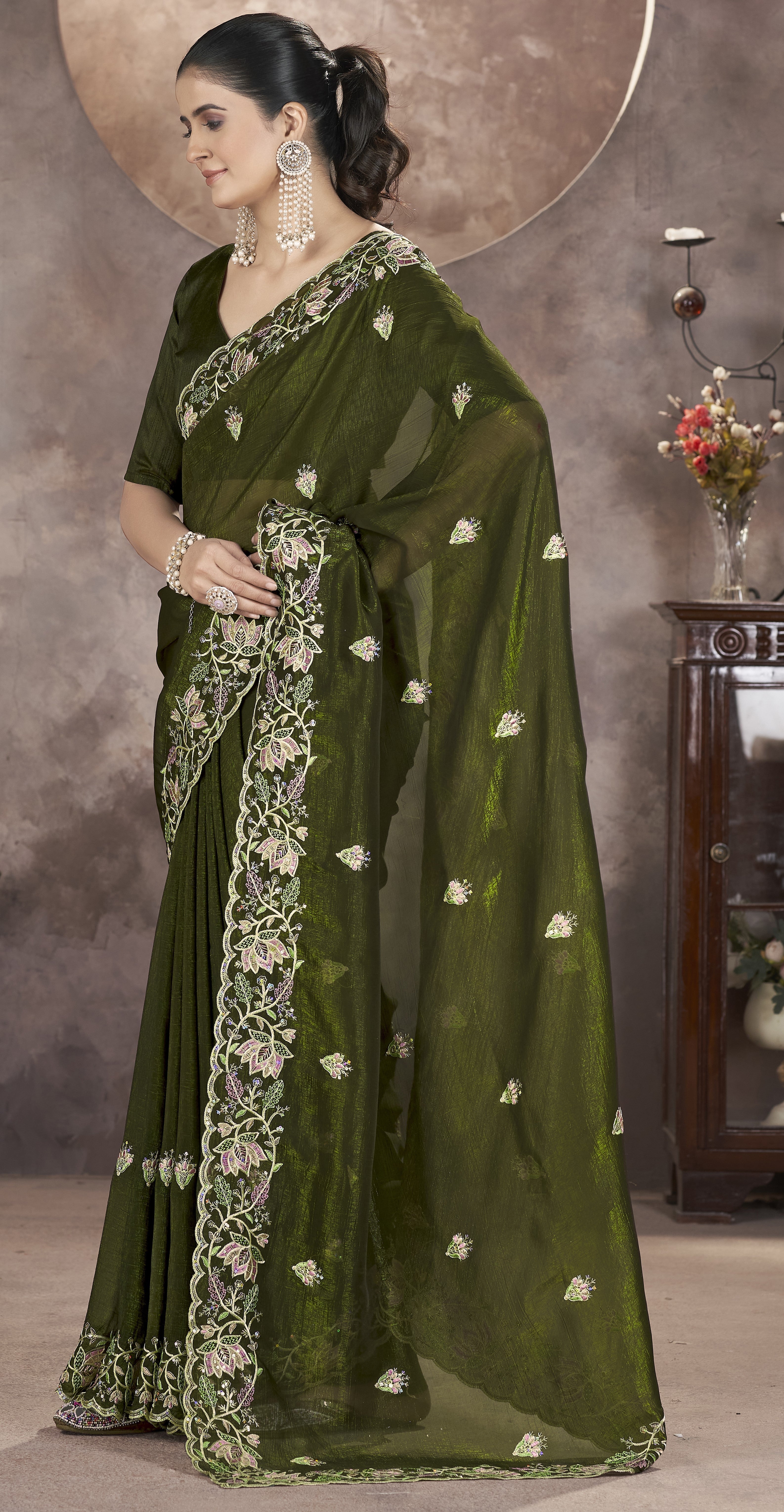 Designer Saree With Thread Embroidery And Sequence Work