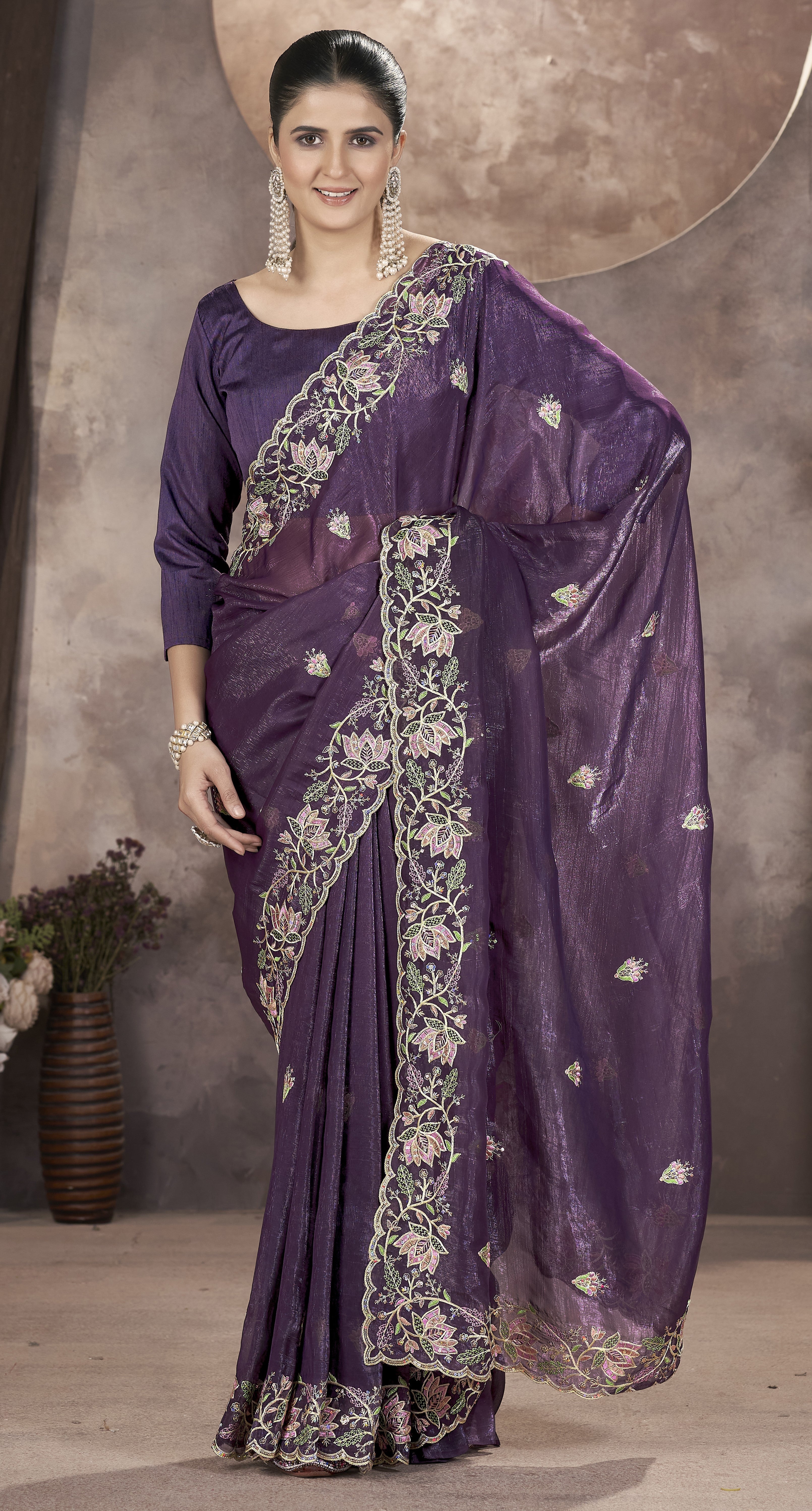 Designer Saree With Thread Embroidery And Sequence Work