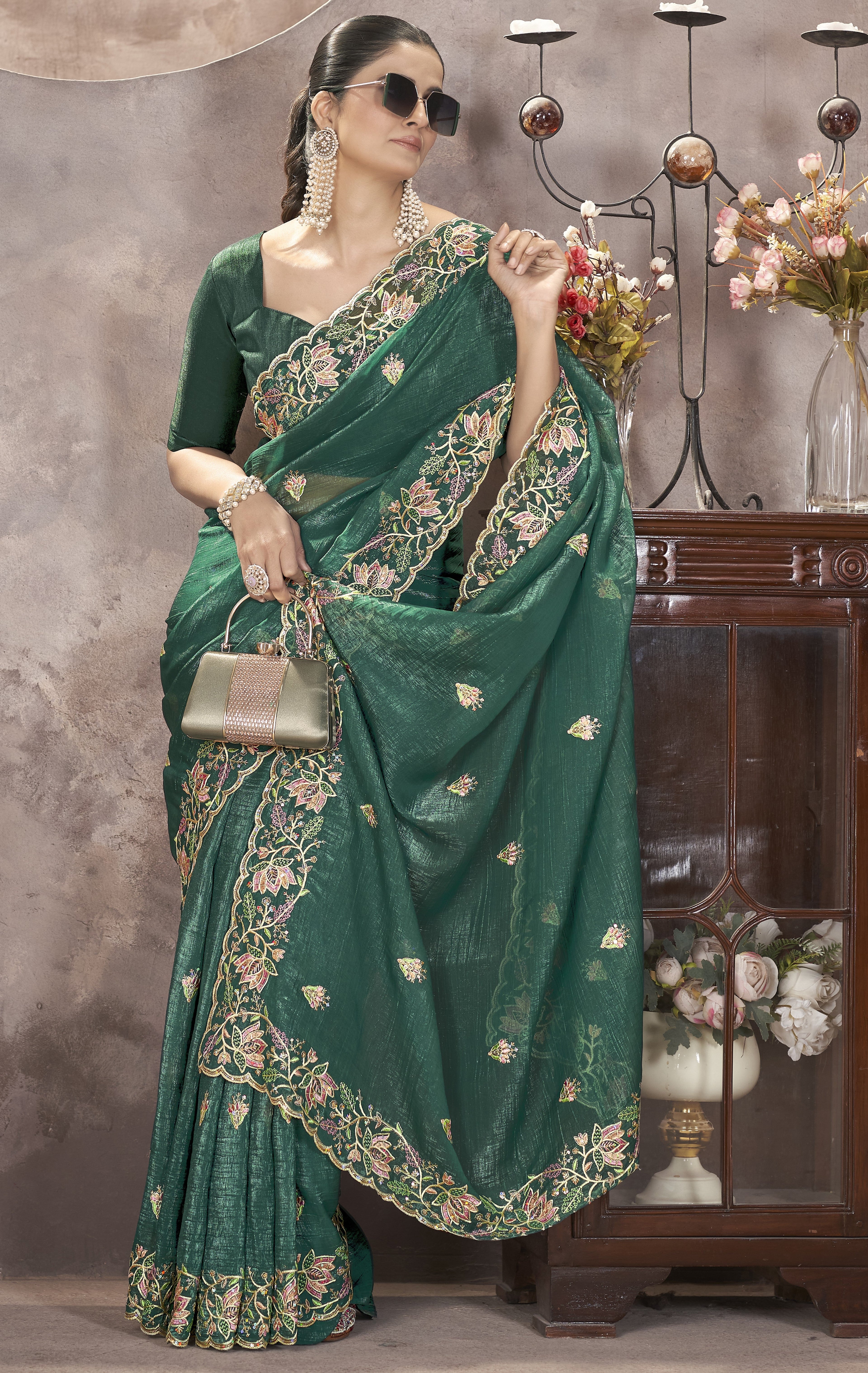 Designer Saree With Thread Embroidery And Sequence Work