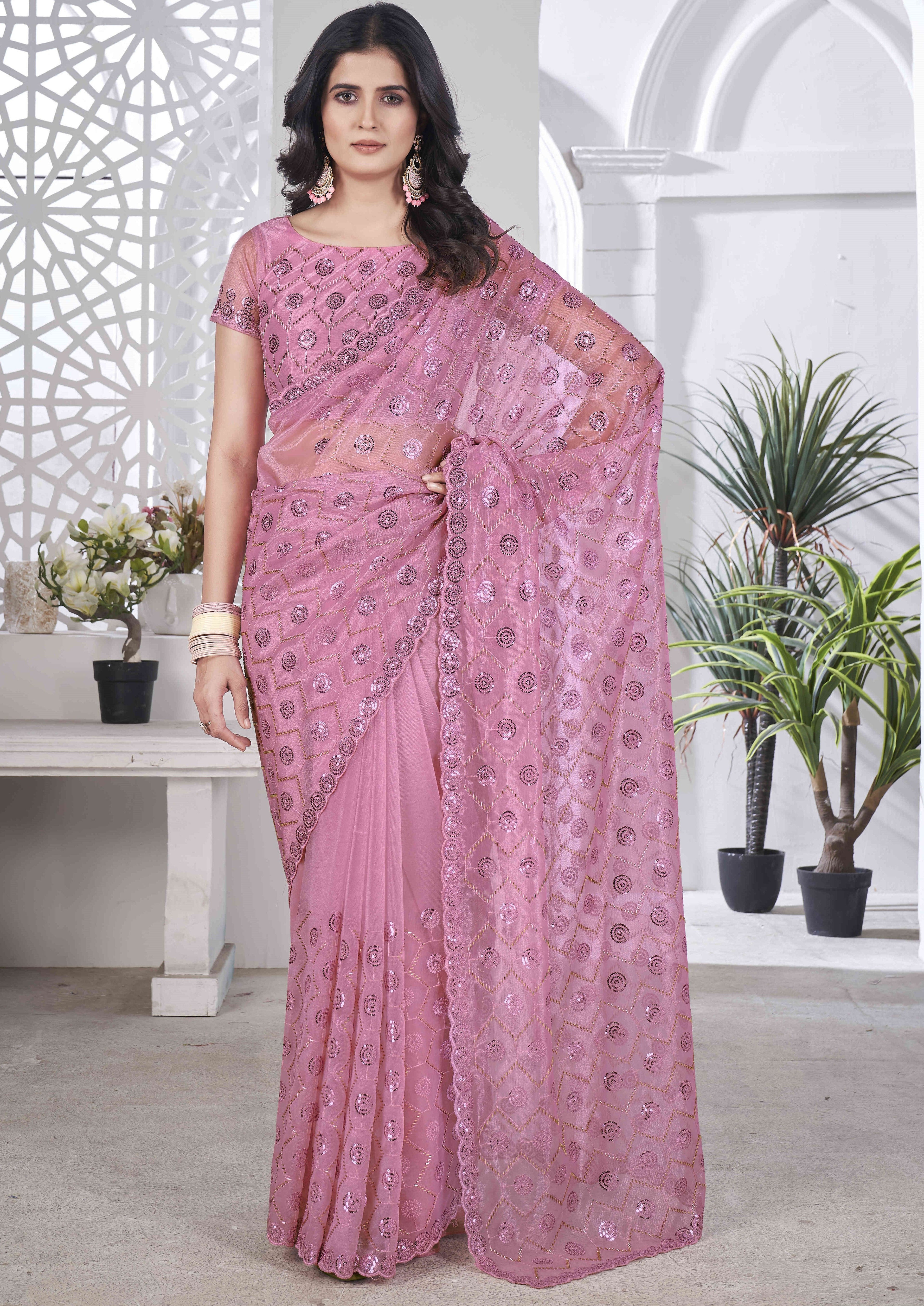 Designer Party Wear Saree With Thread Embroidery Work