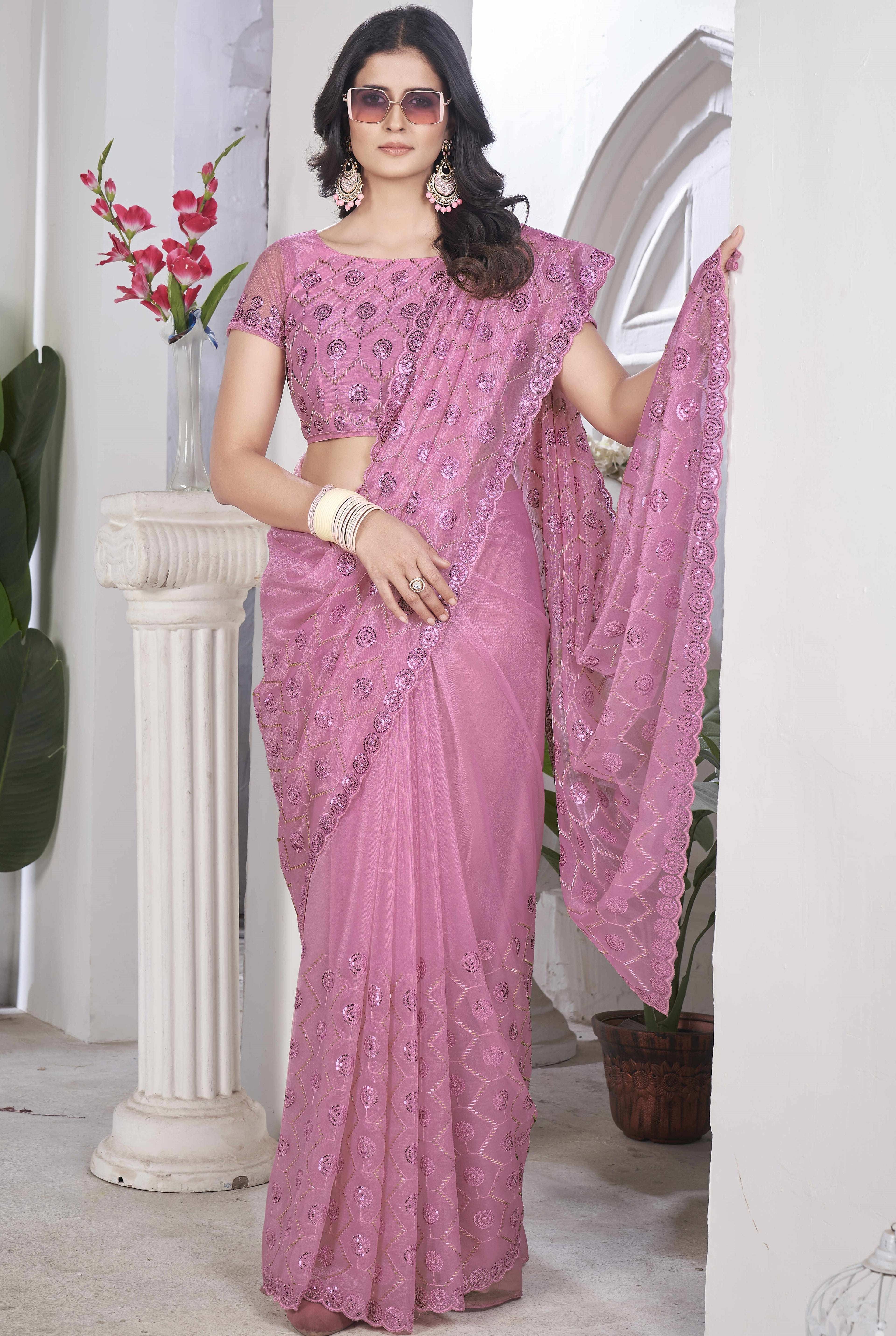 Designer Party Wear Saree With Thread Embroidery Work