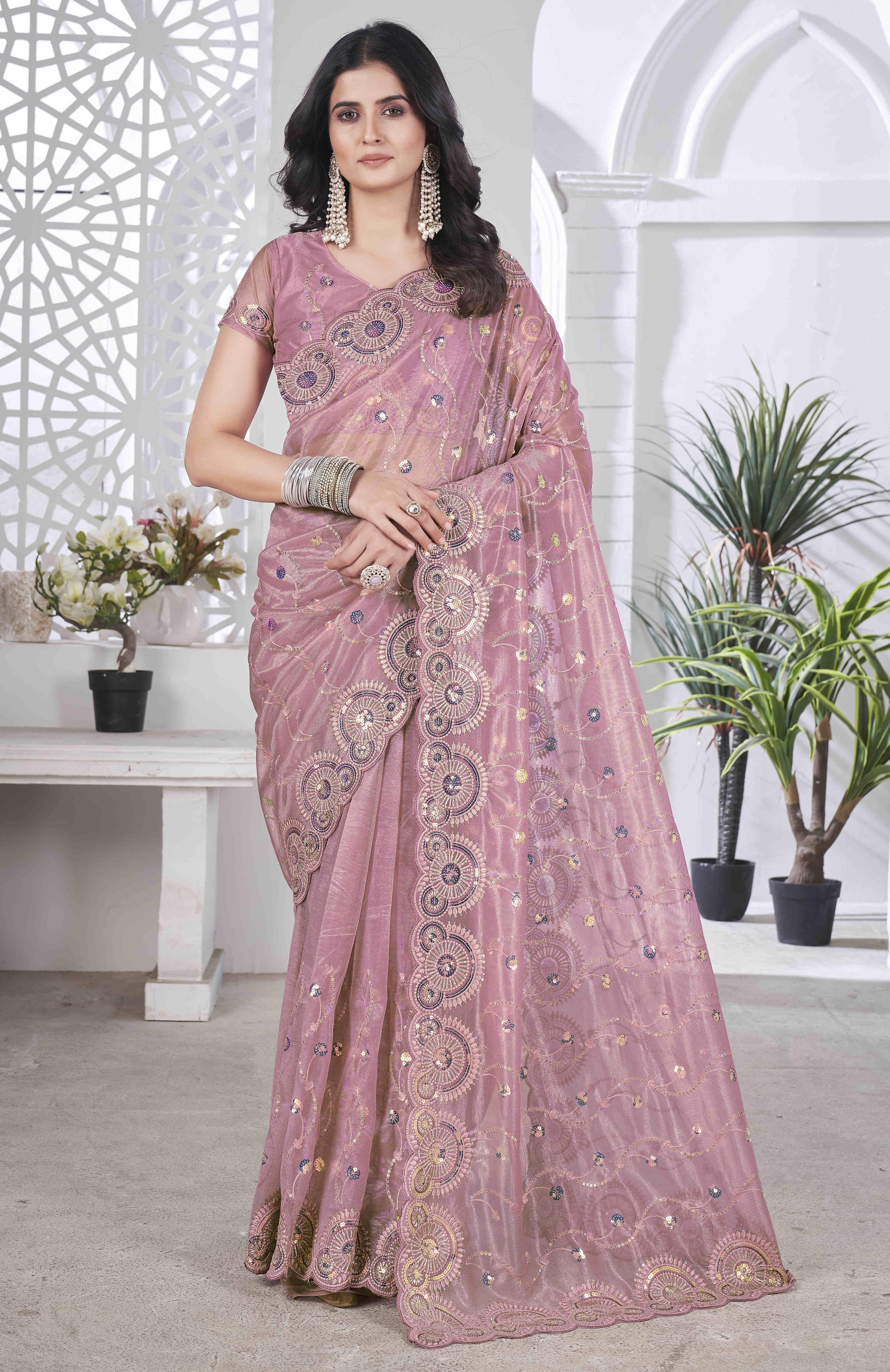 Designer Party Wear Saree With Thread Embroidery Work