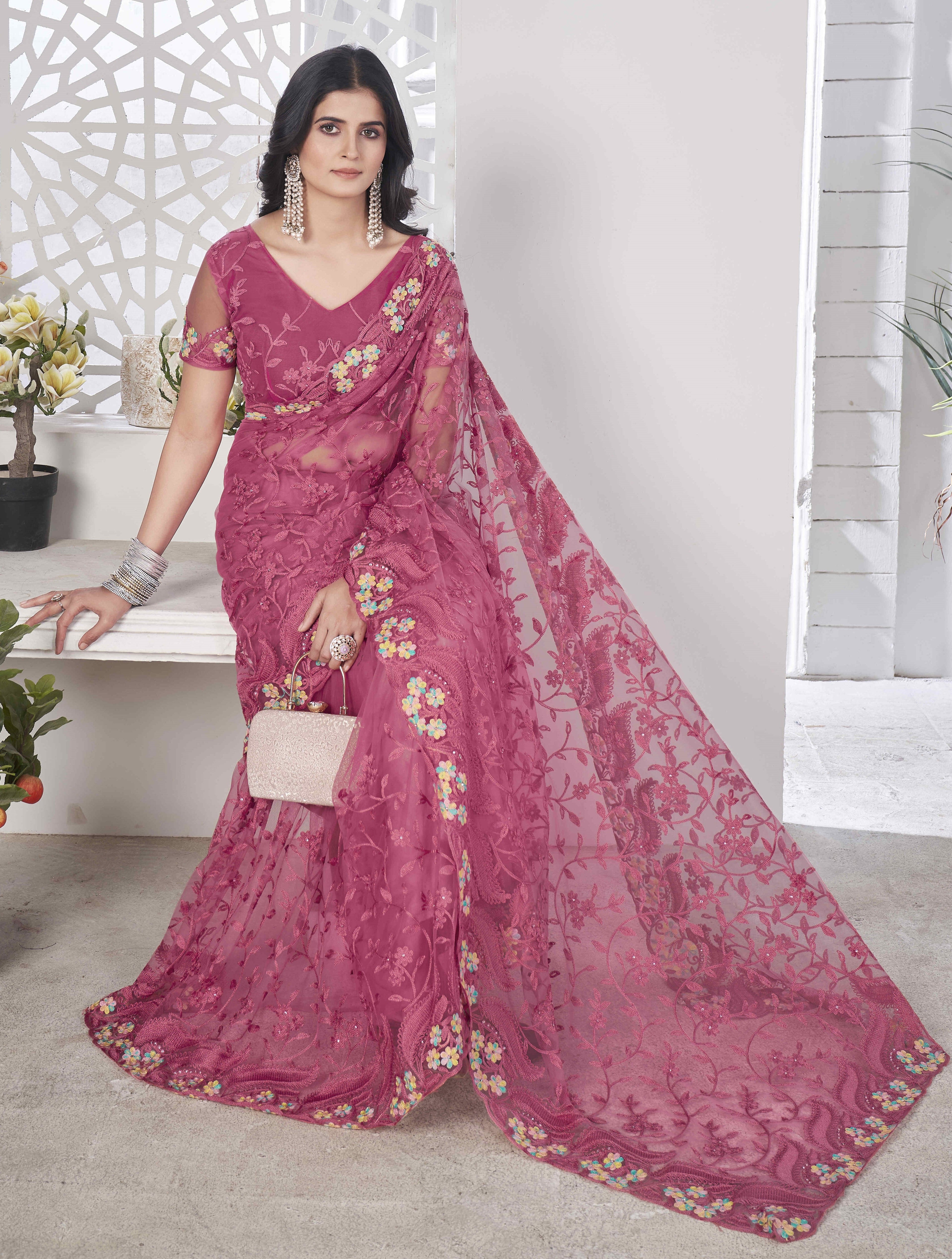 Designer Party Wear Saree With Embroidery And Stonework