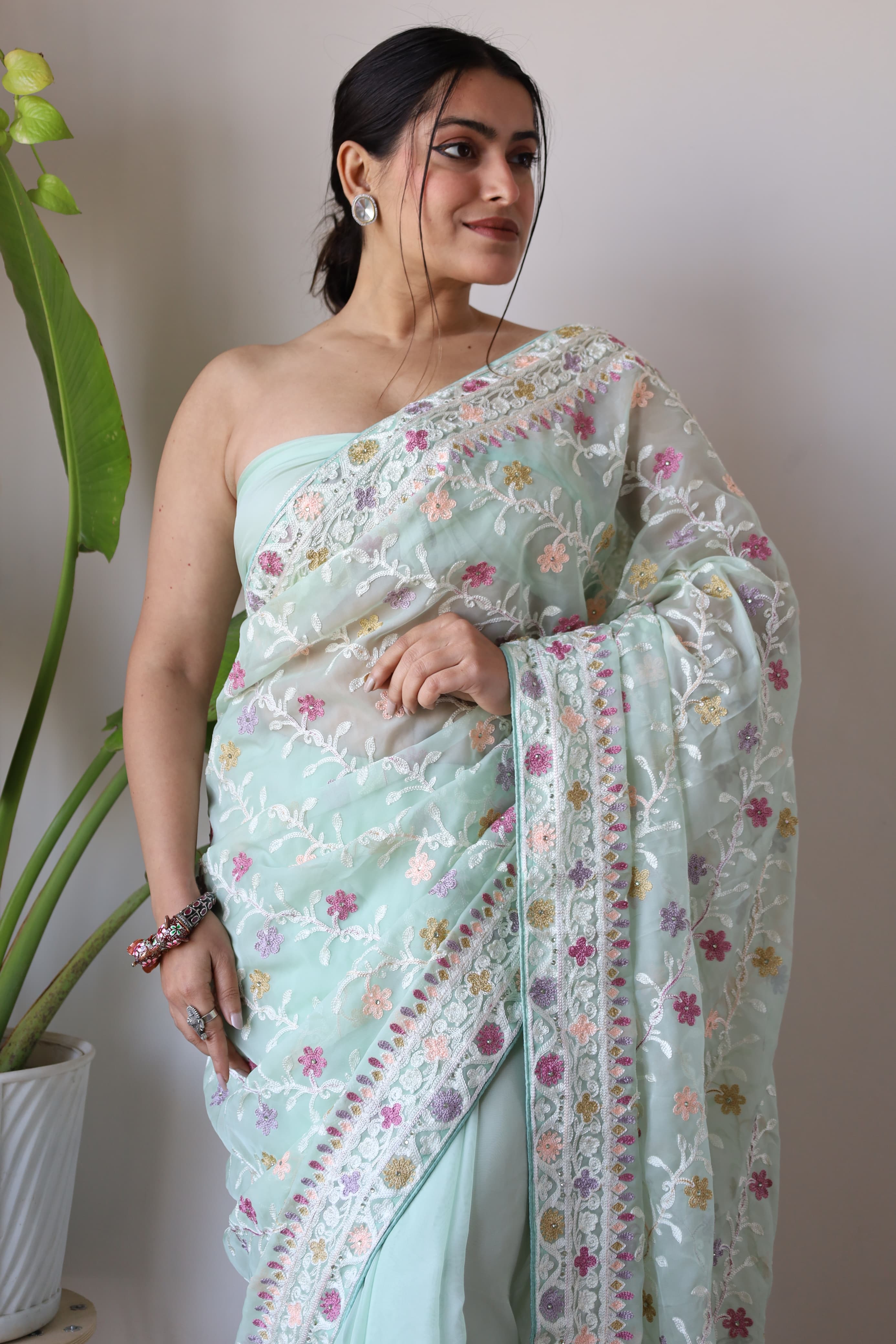 Designer Saree With Zari Embroidery Work With Stone Work