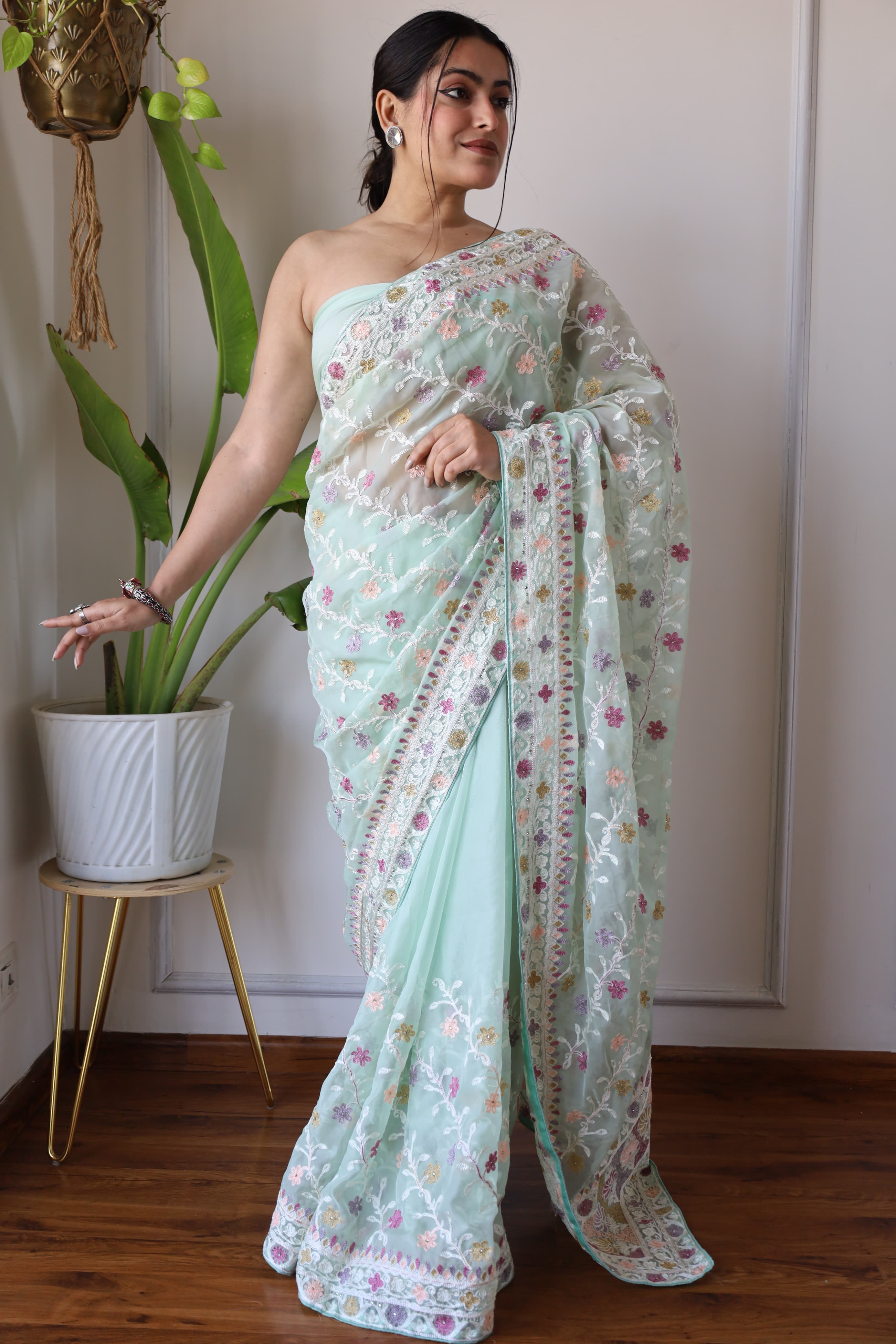 Designer Saree With Zari Embroidery Work With Stone Work
