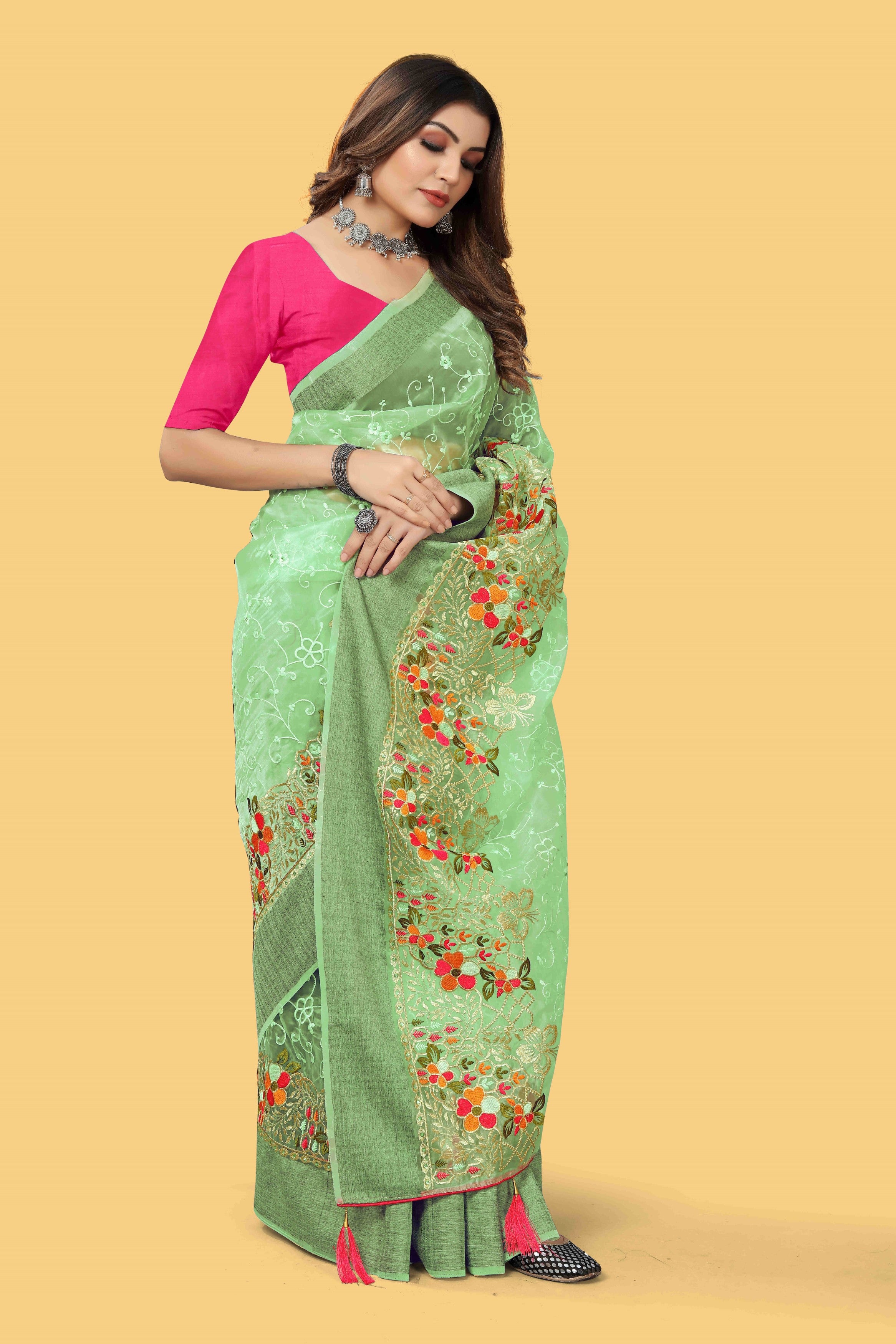 Beautiful Party Wear Saree Multi Color Thread And Zari-Dori Work