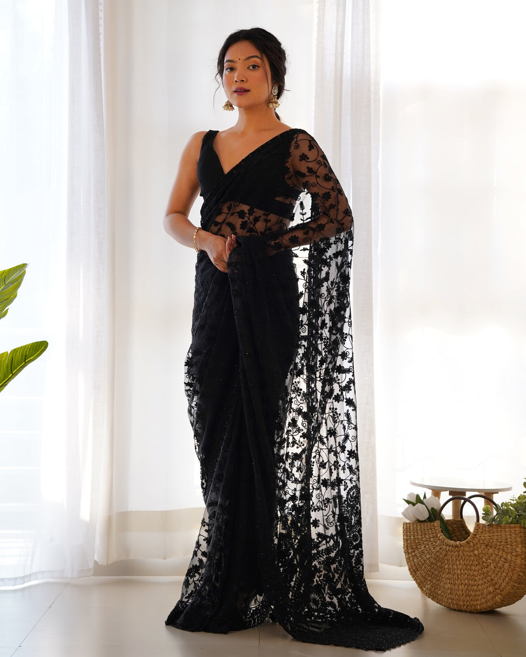 Designer Saree With Zari Embroidery Work & Stone Work