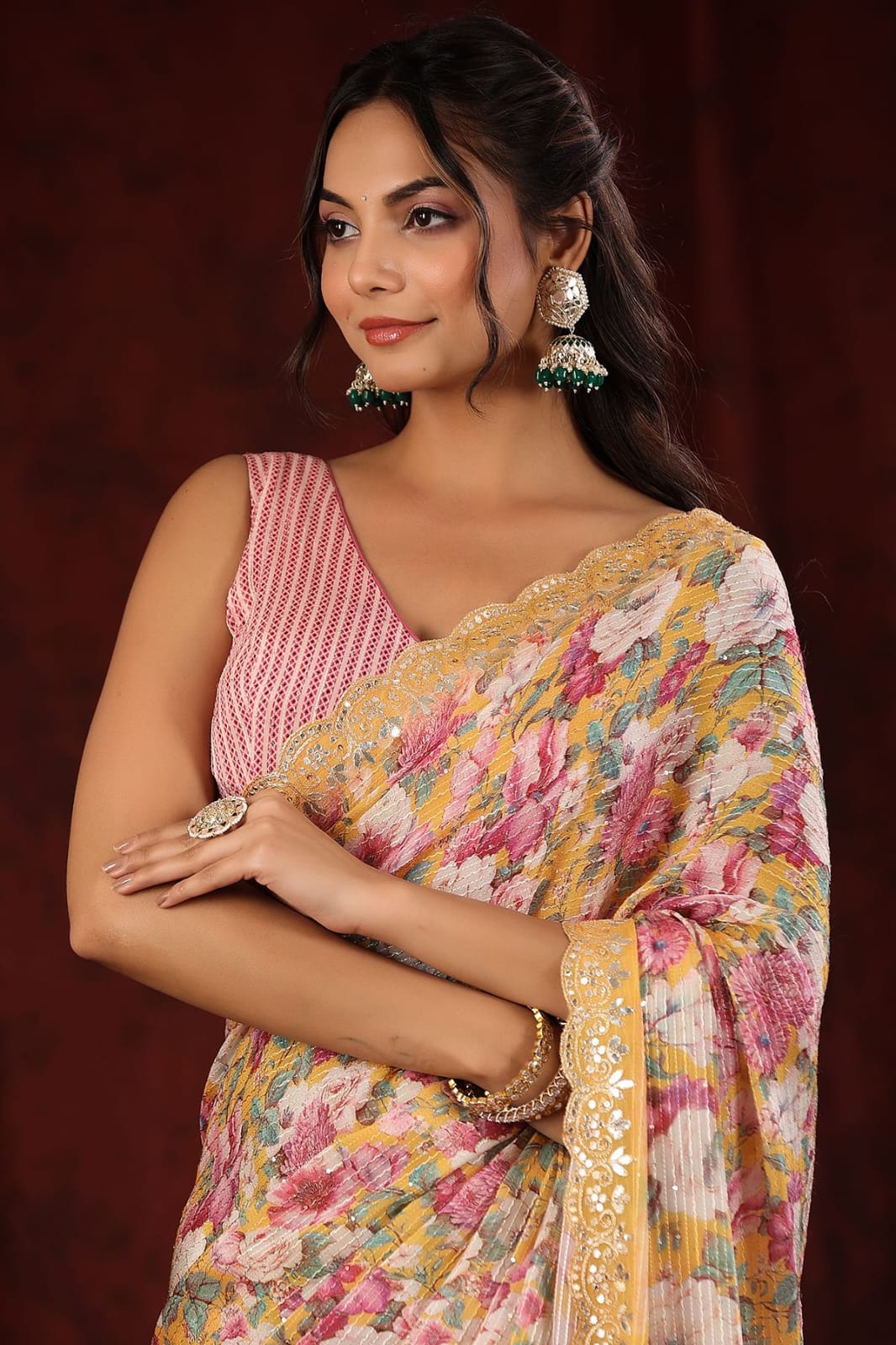 Beautiful Party Wear Look Saree With Digital Print of Floral Design