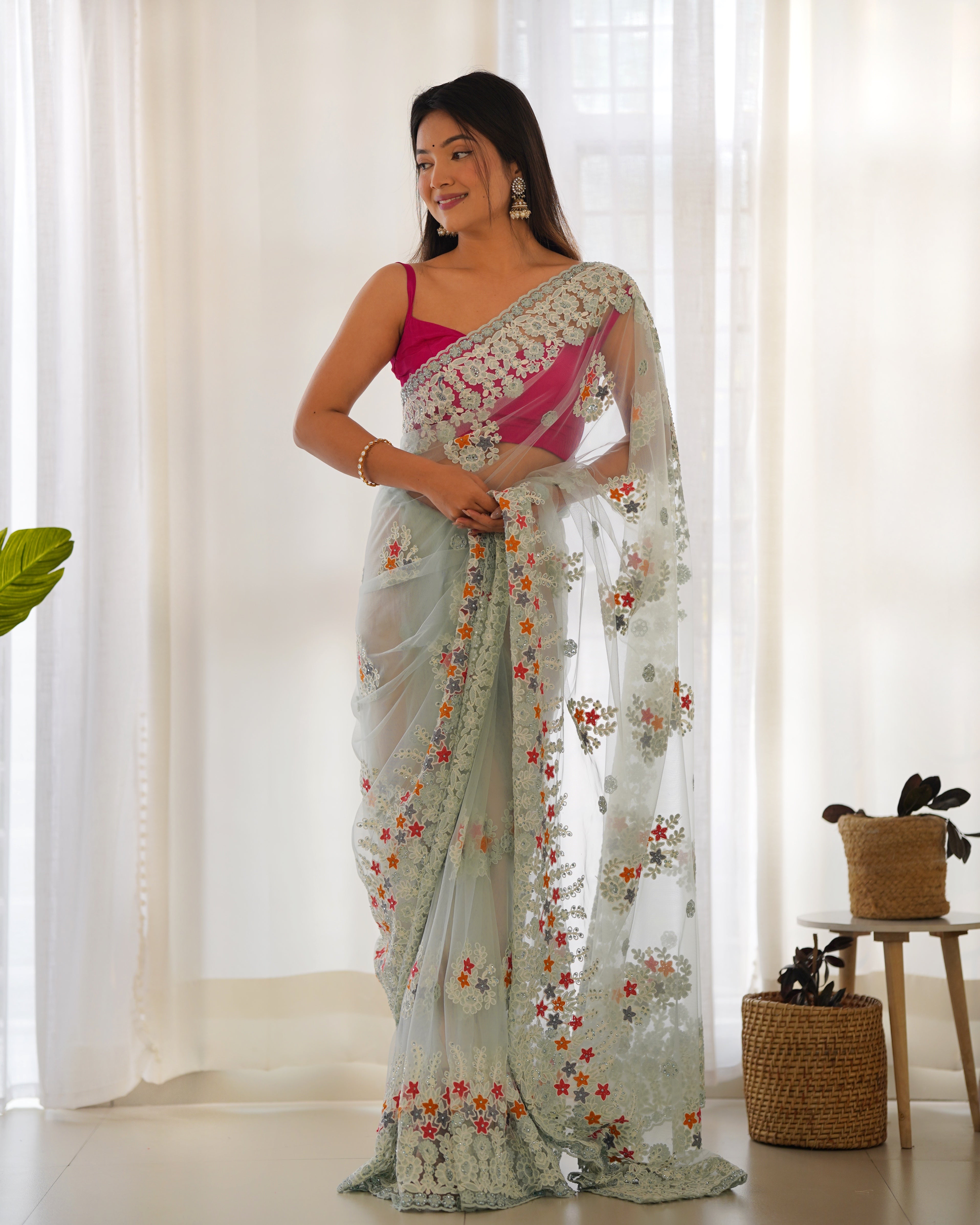 Party Wear Saree With Thread And Zari Embroidery Work