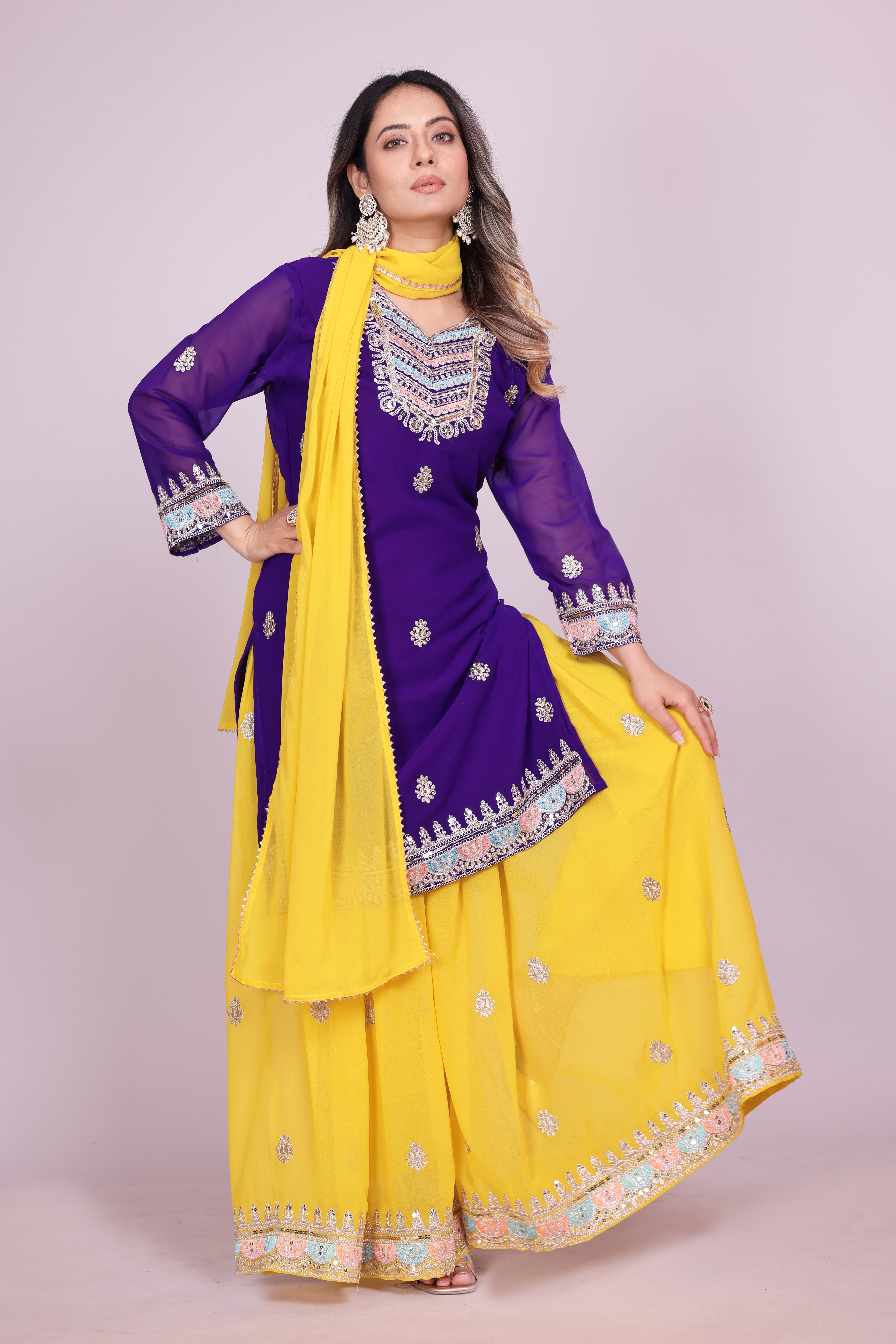 Party Wear Sharara Suit With Coding Sequence Embroidered Work