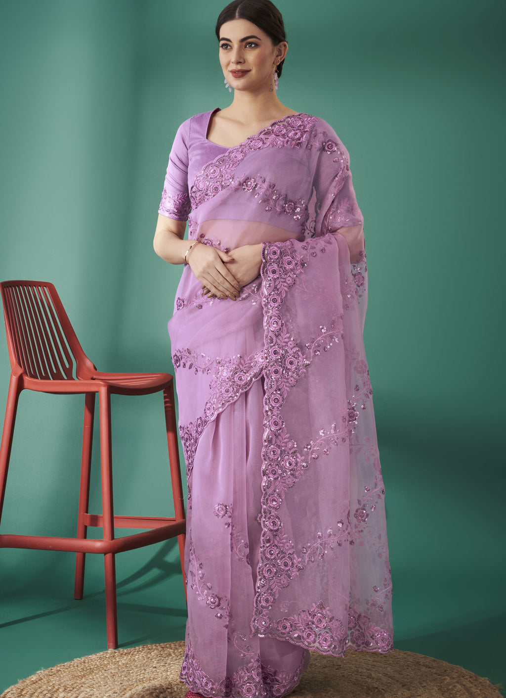 Party Wear Designer Saree With Sequence And Thread Work