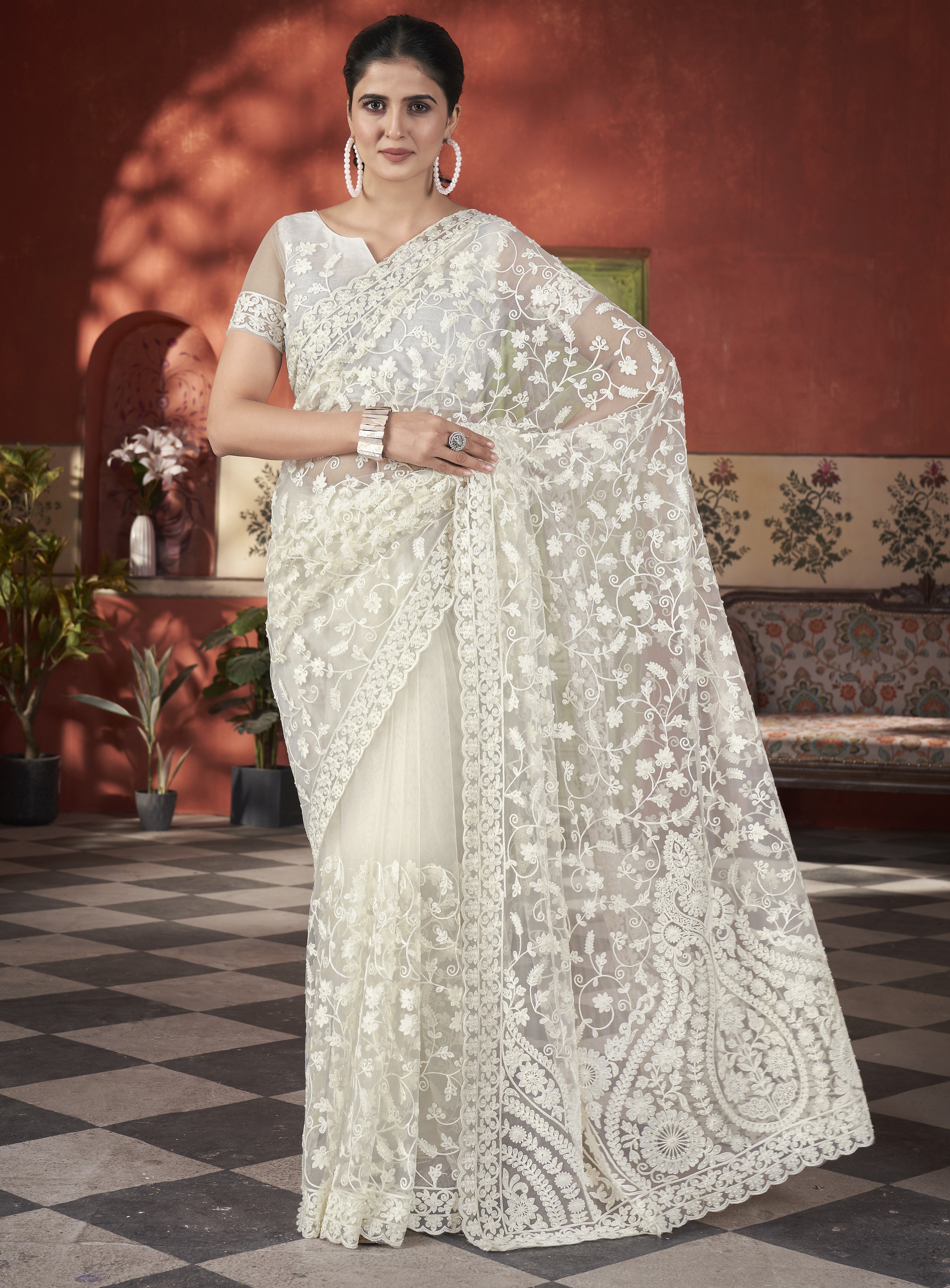 Designer Saree With Zari Embroidery Work & Stone Work