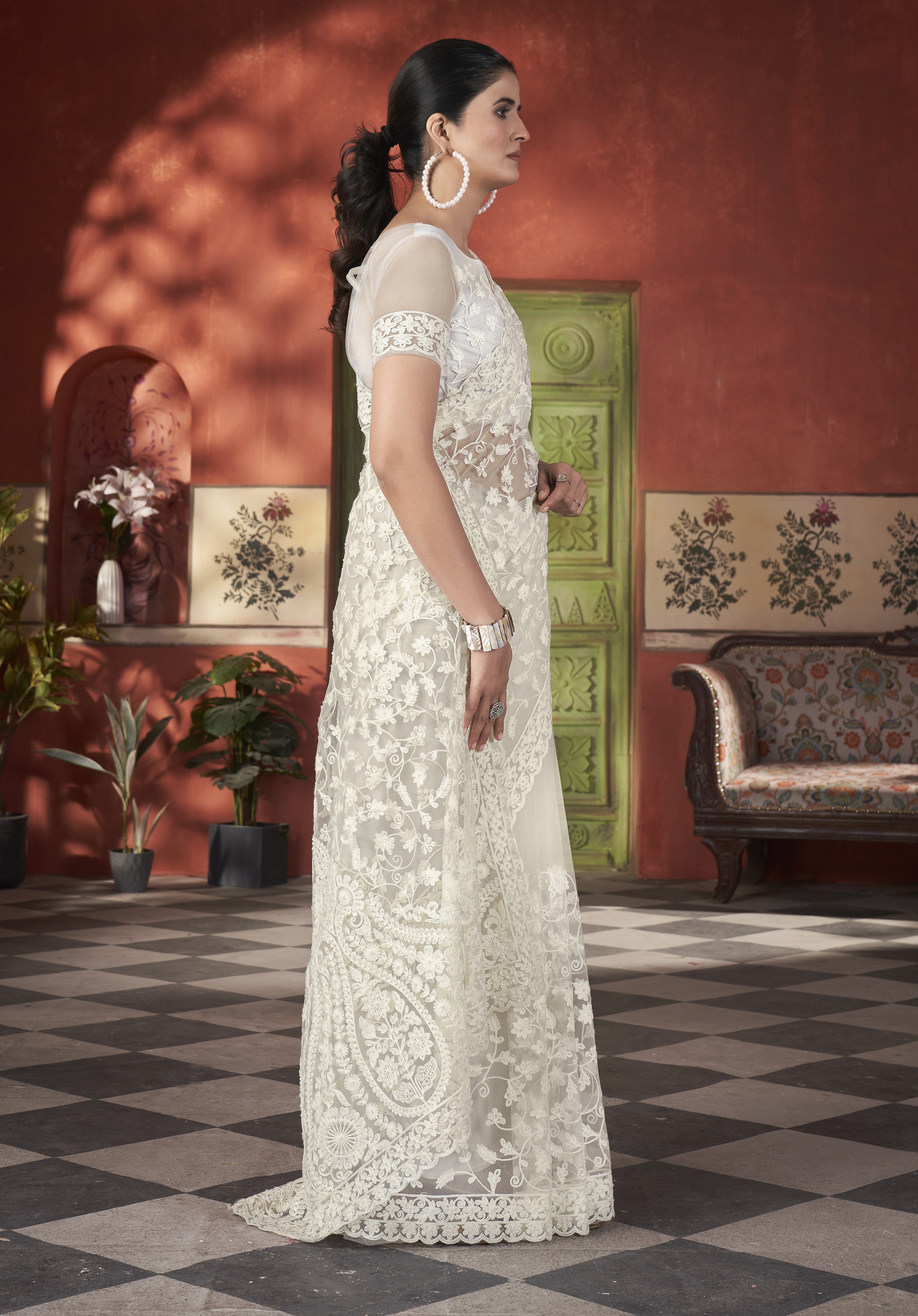 Designer Saree With Zari Embroidery Work & Stone Work