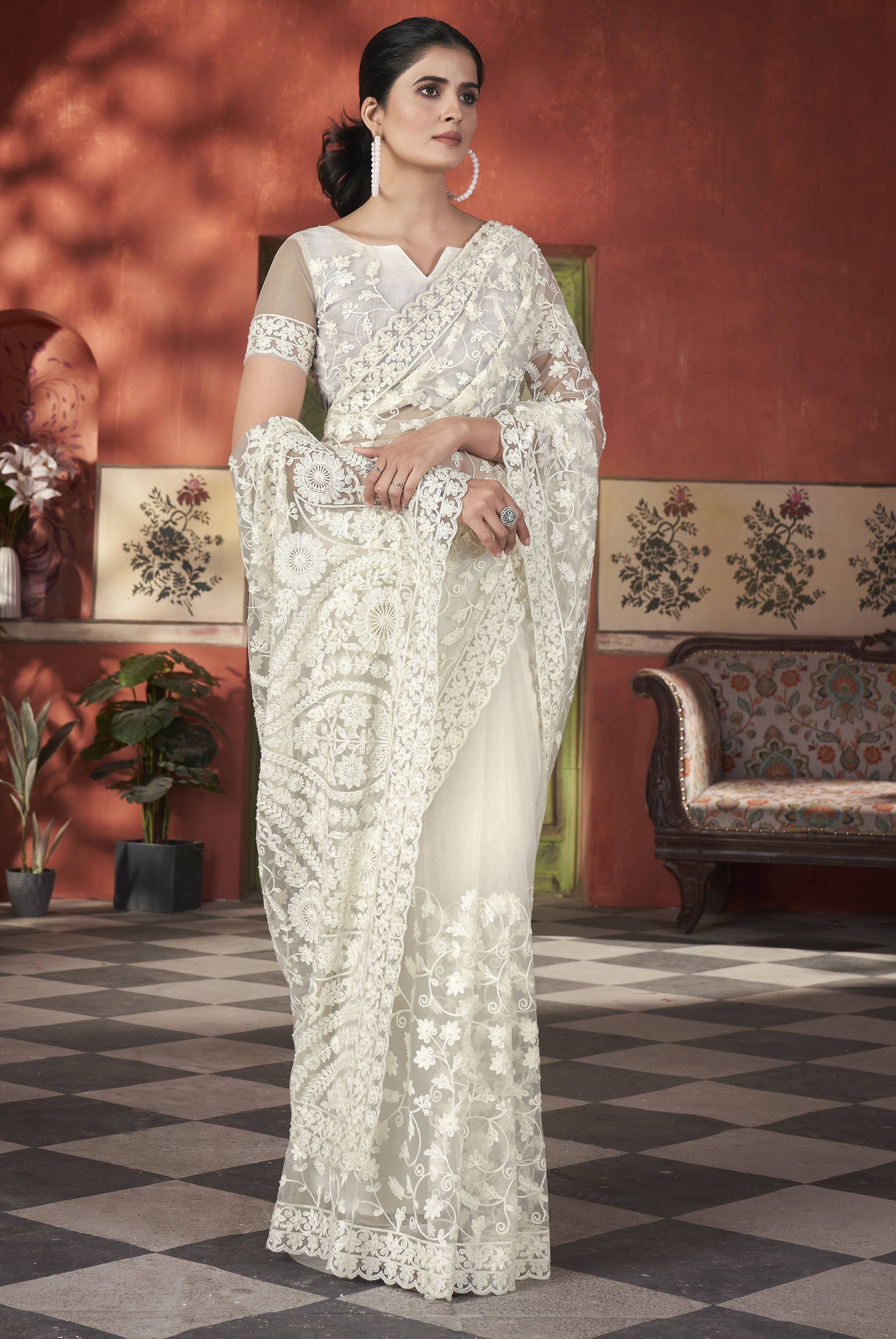 Designer Saree With Zari Embroidery Work & Stone Work