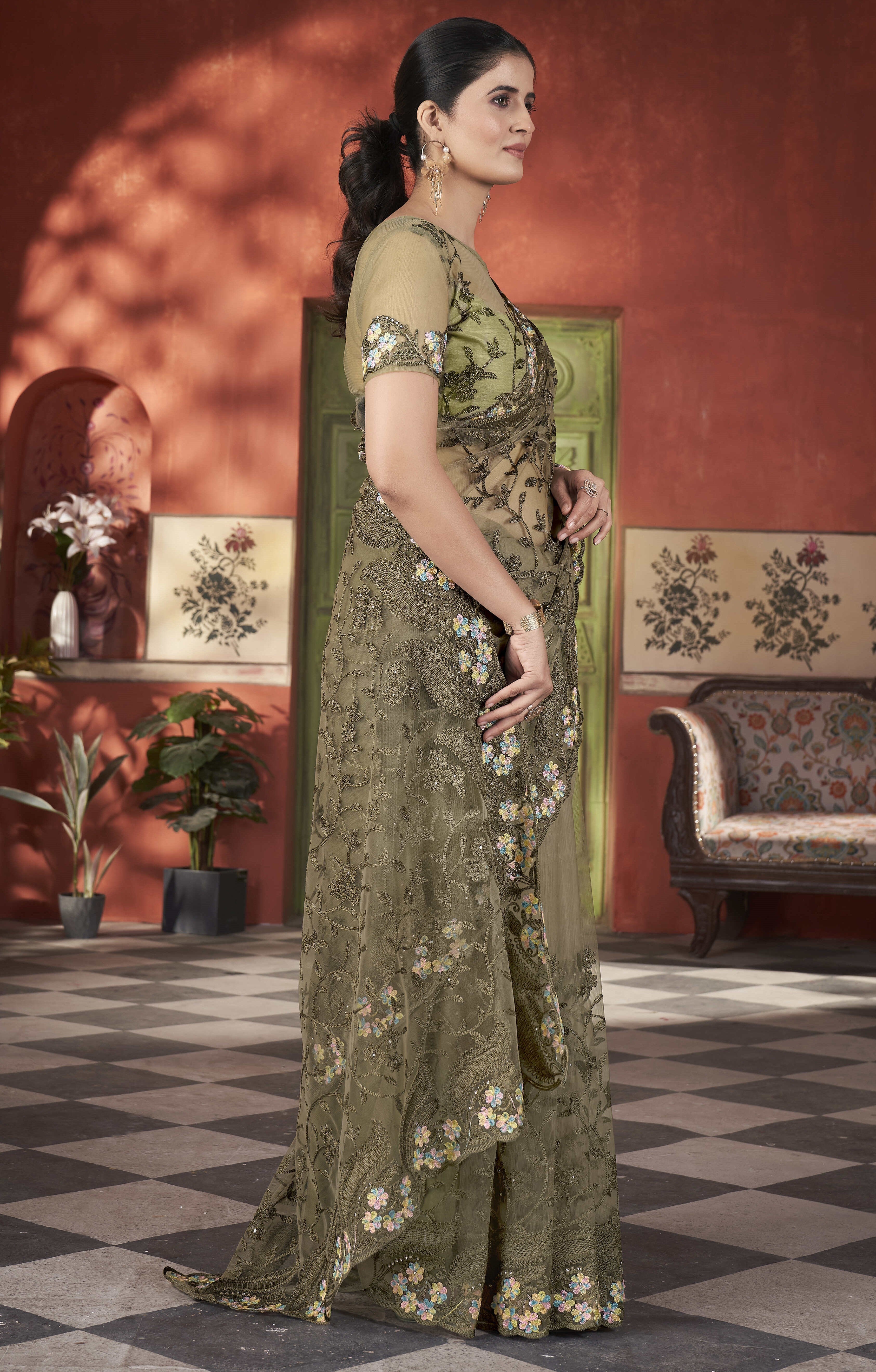 Designer Party Wear Saree With Embroidery And Stonework