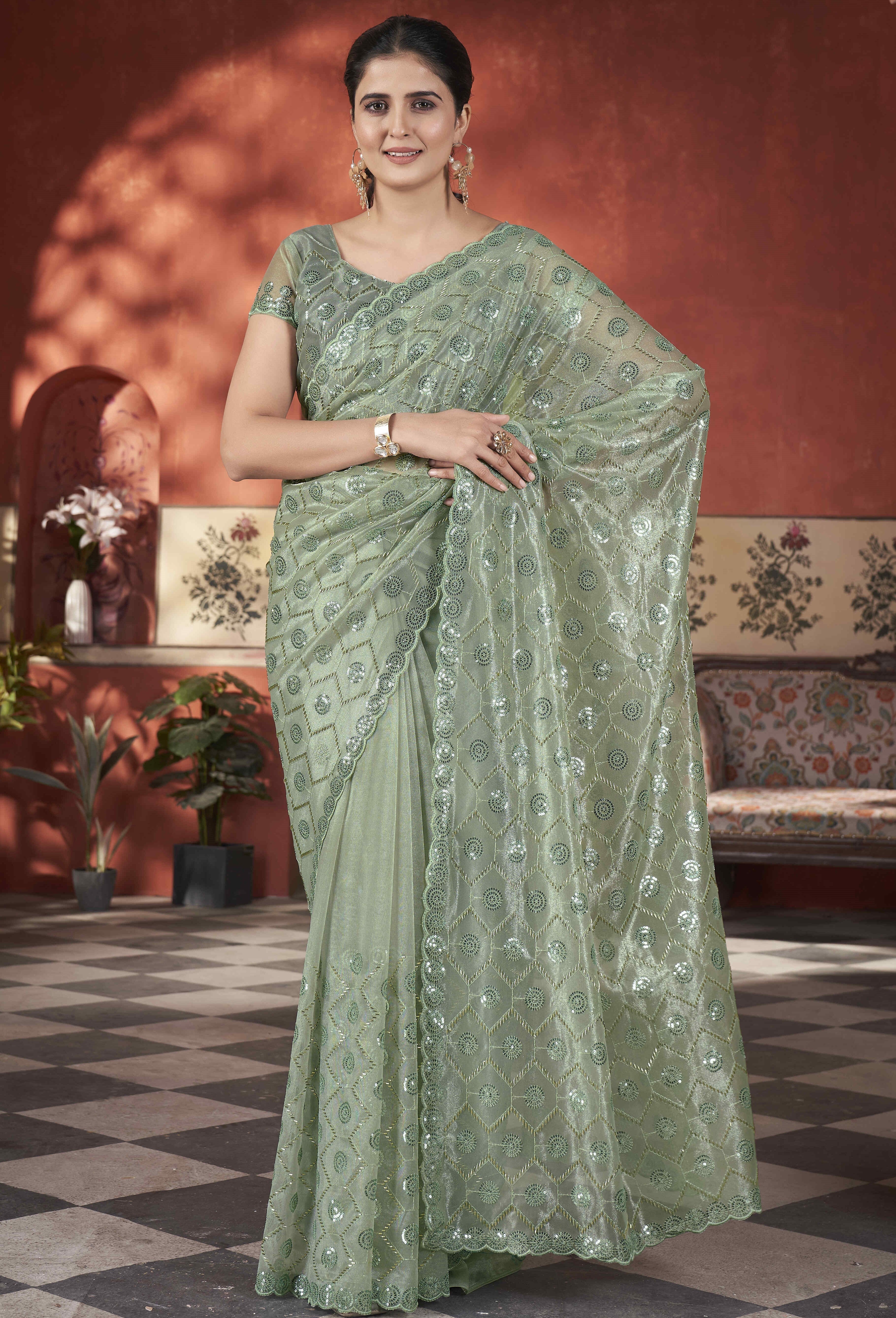 Designer Party Wear Saree With Thread Embroidery Work