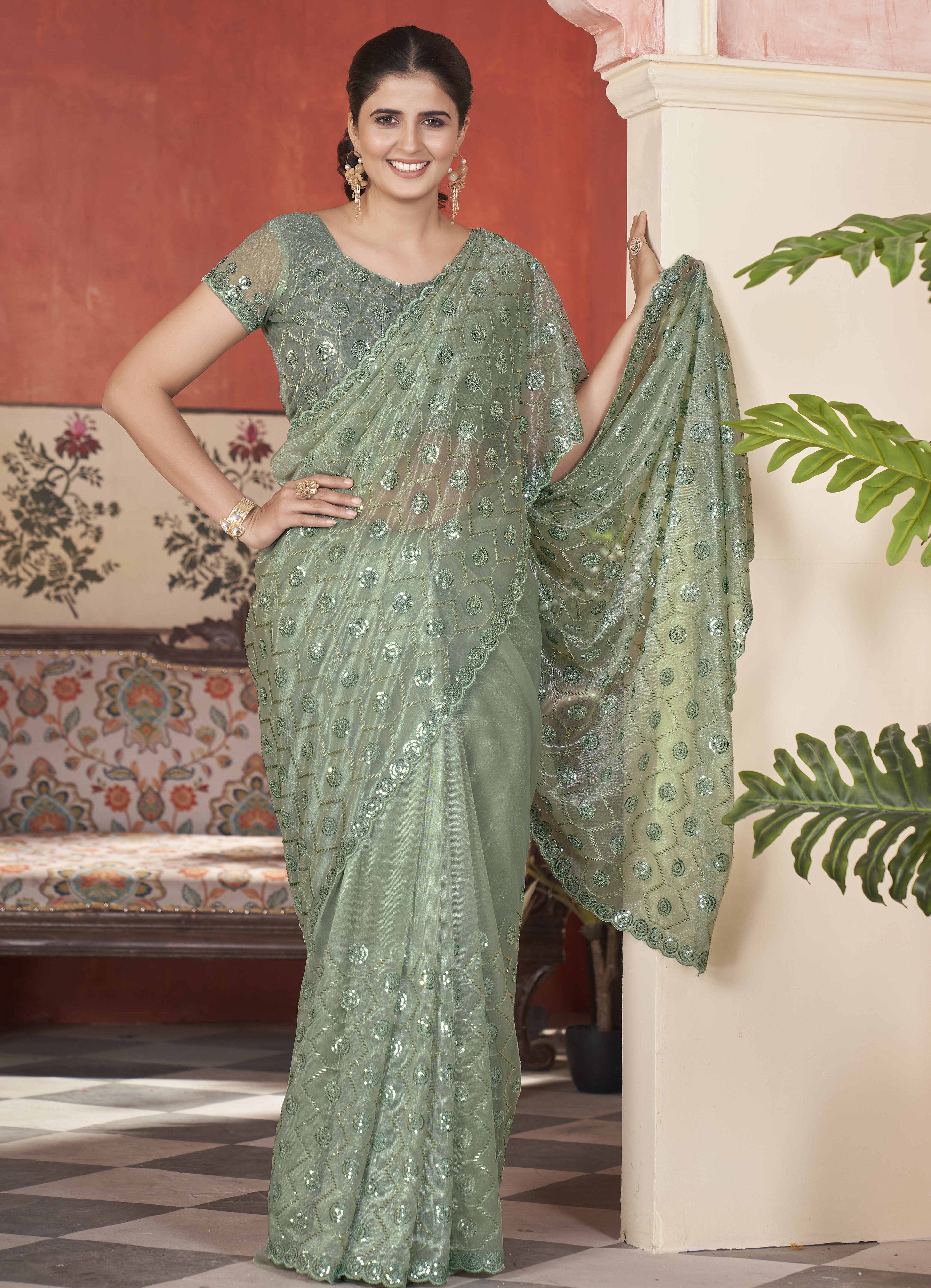 Designer Party Wear Saree With Thread Embroidery Work