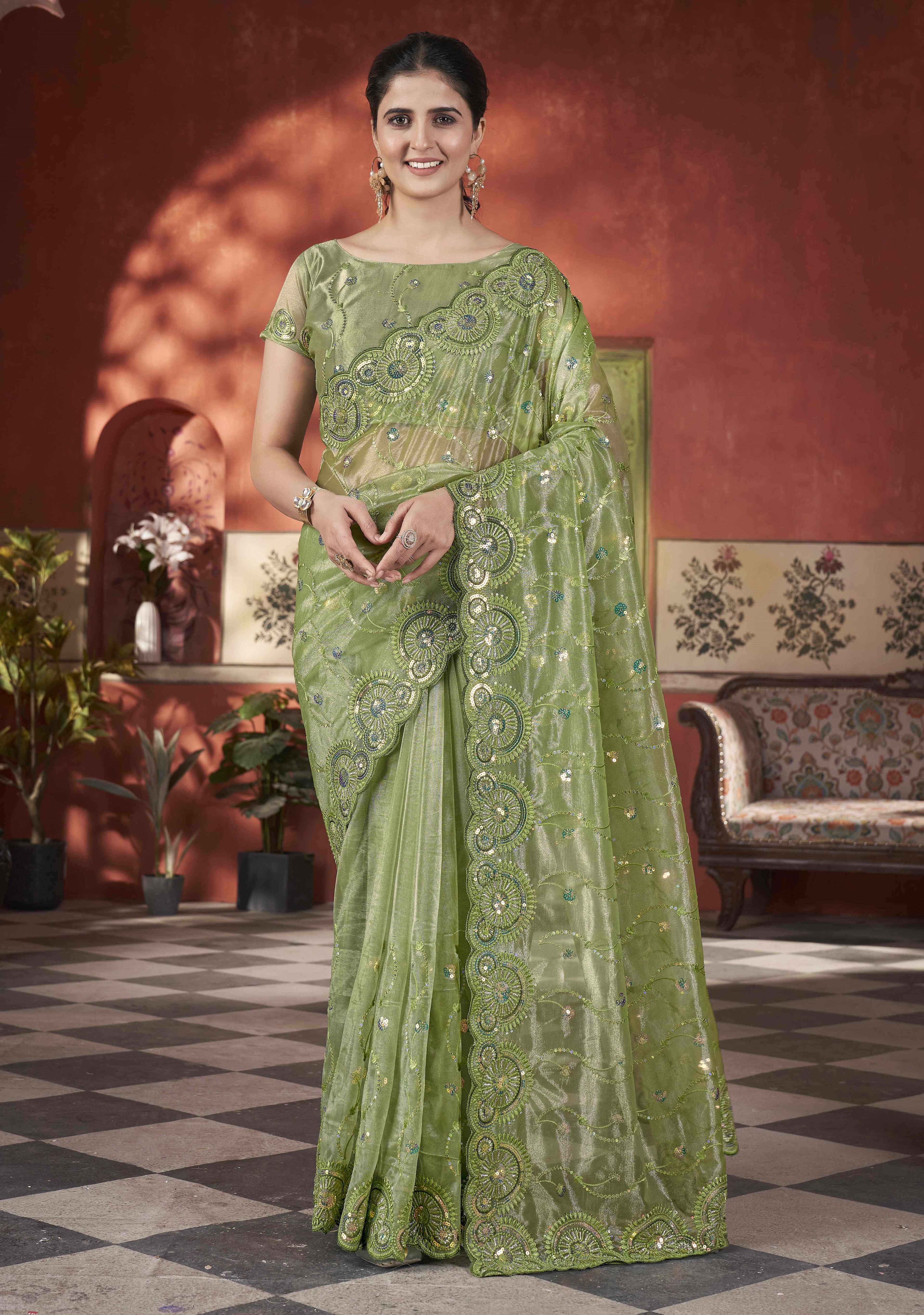 Designer Party Wear Saree With Thread Embroidery Work