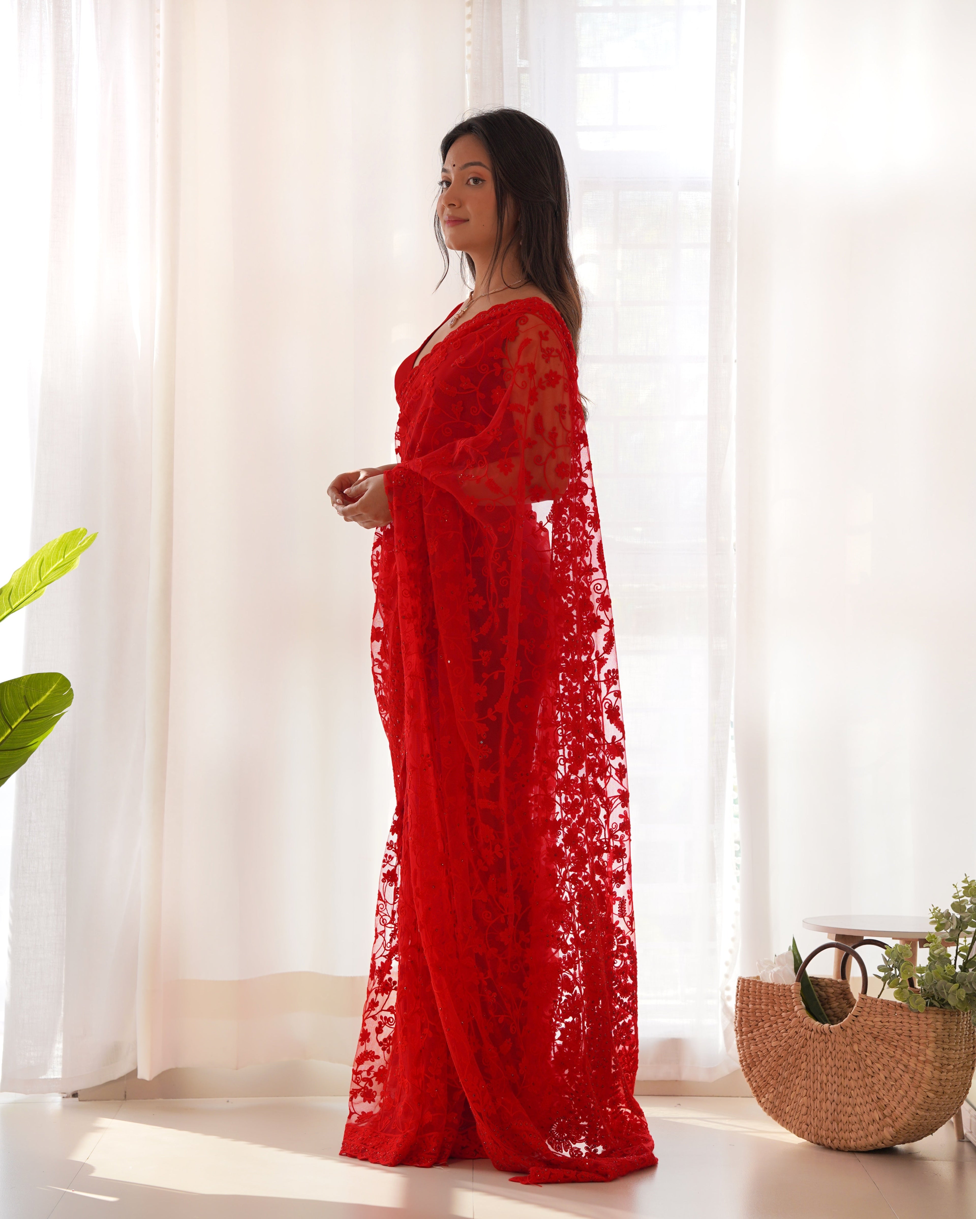 Designer Saree With Zari Embroidery Work & Stone Work