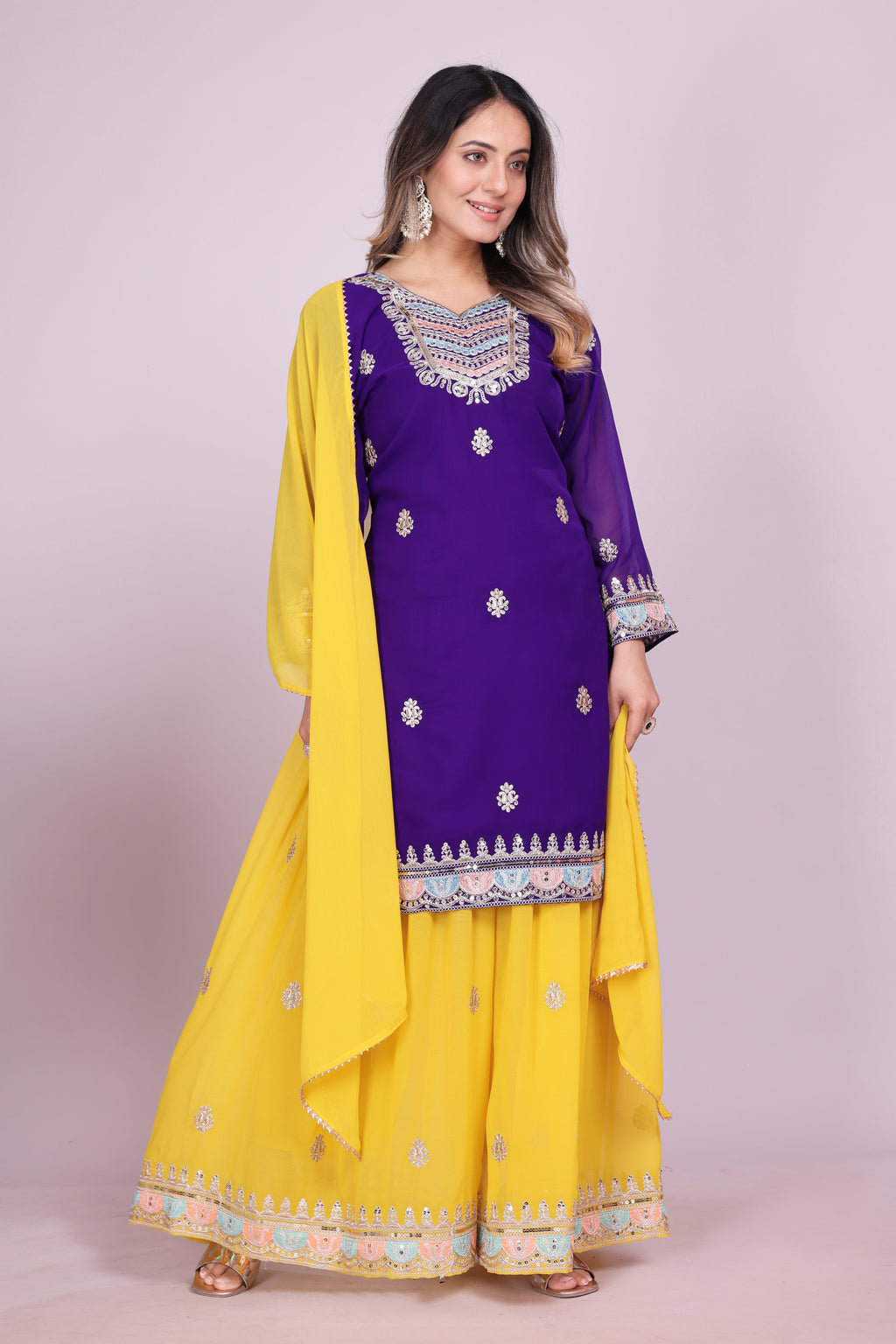 Party Wear Sharara Suit With Coding Sequence Embroidered Work