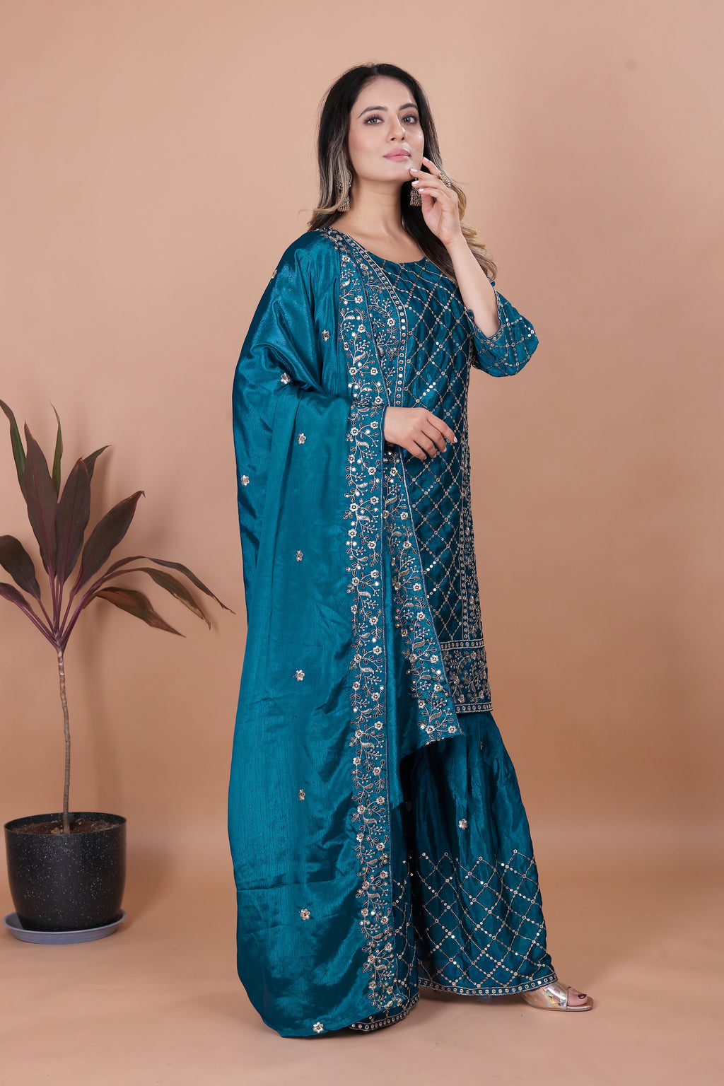 Designer Embroidered Chinon Sharara Suit With Sequence Embroidered Work