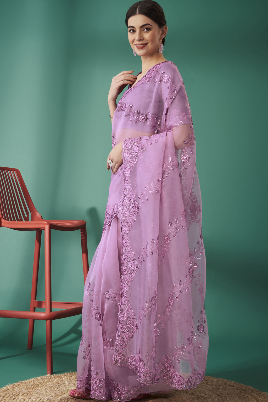 Party Wear Designer Saree With Sequence And Thread Work