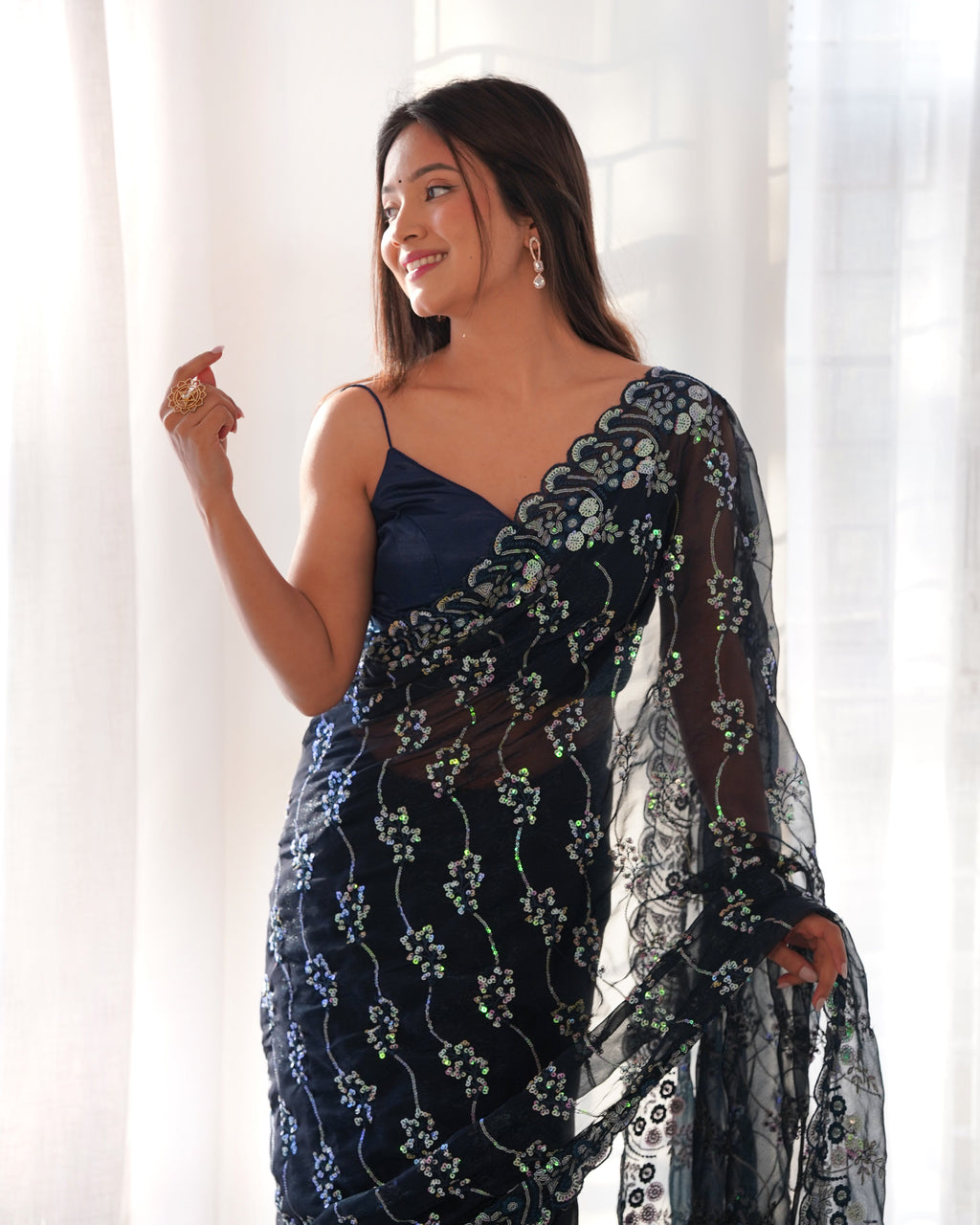 Party Wear Saree With Designer Sequence Embroidery Work