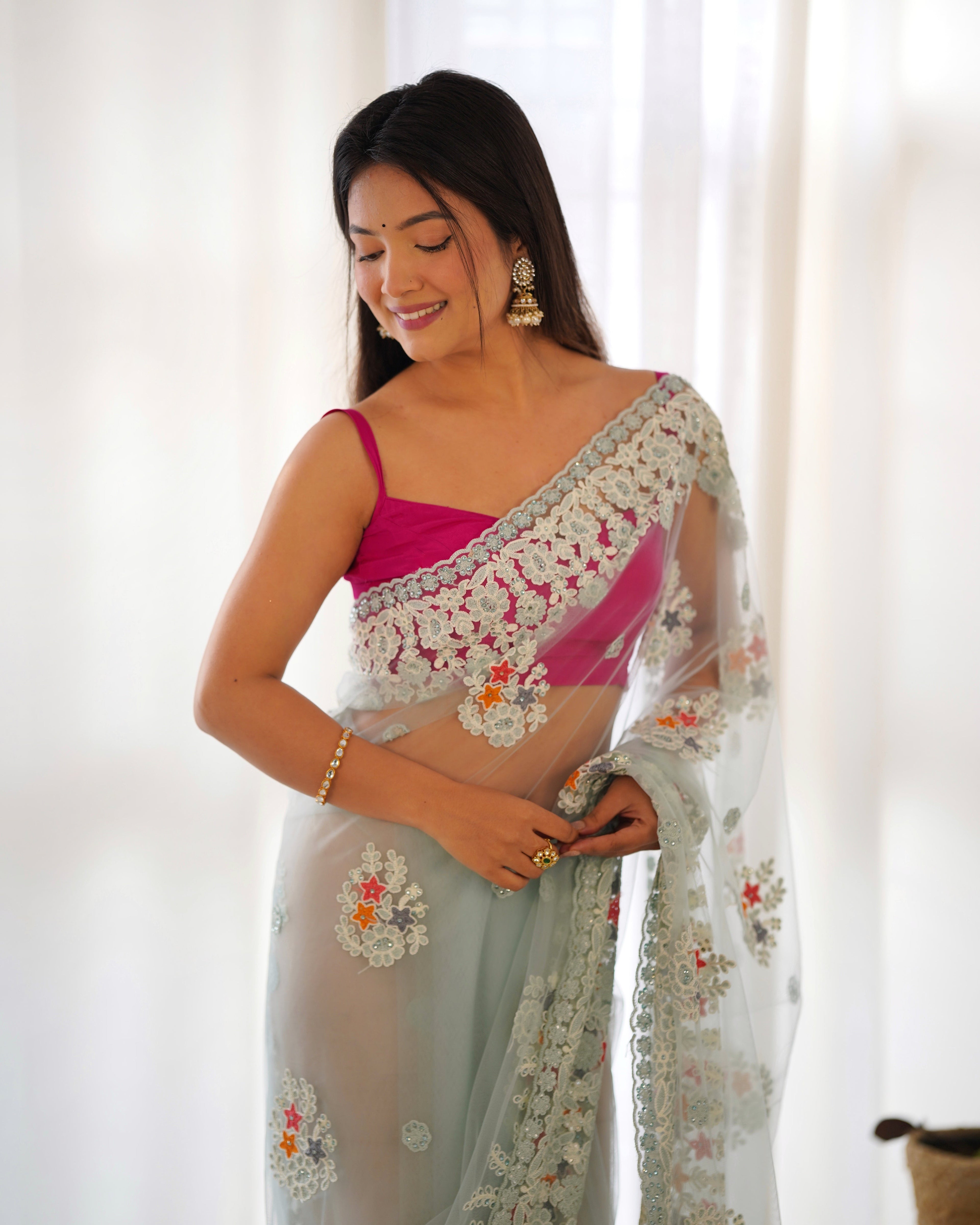 Party Wear Saree With Thread And Zari Embroidery Work